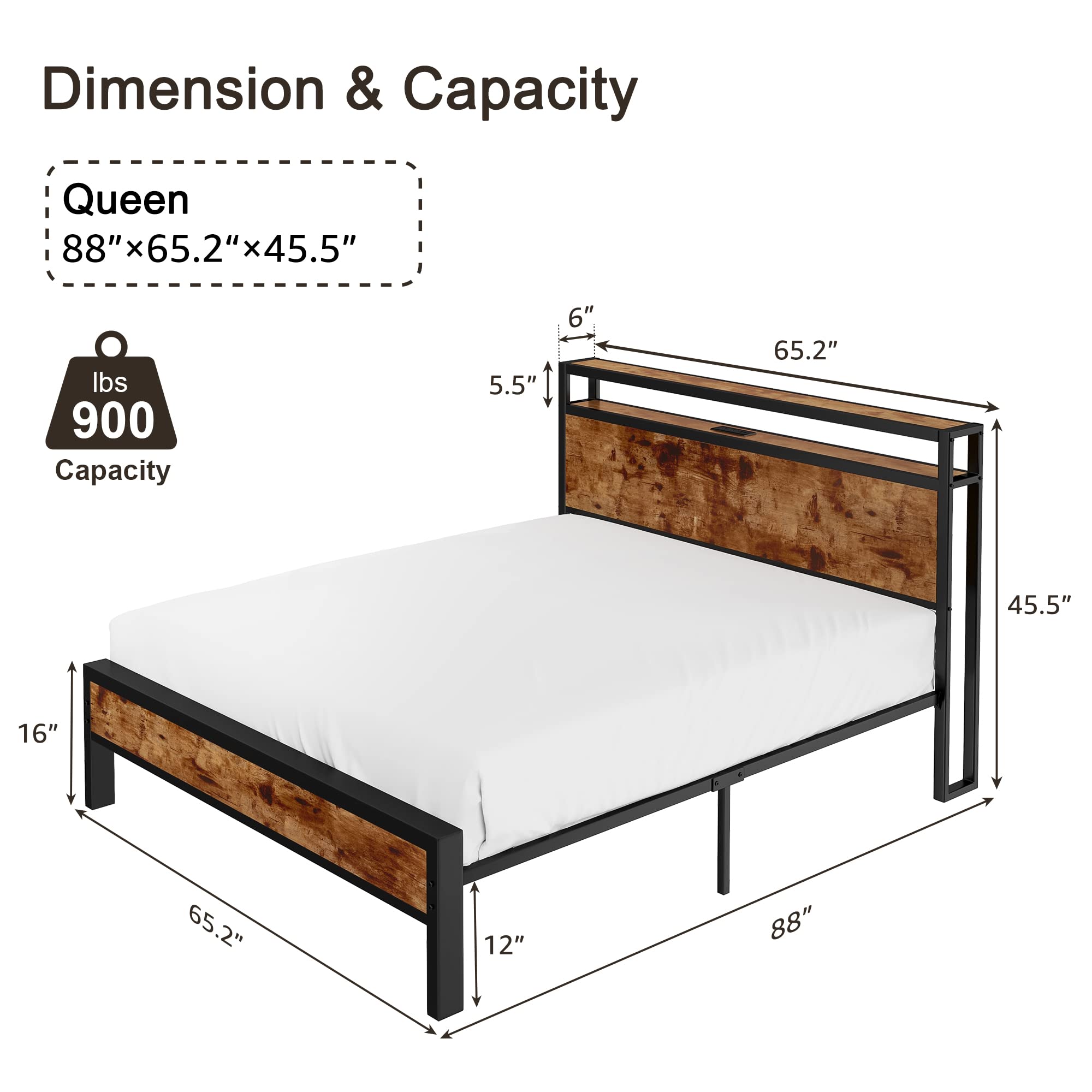 LUXOAK Queen Size Bed Frame, Platform Bed Frame with 2-Tier Storage Headboard and Charging Station/No Box Spring Needed/Noise Free/Industrial/Rustic Brown