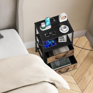 YBING Nightstand with Charging Station White Night Stand End Table with Fabric Drawers Side Table with Storage for Bedroom Living Room