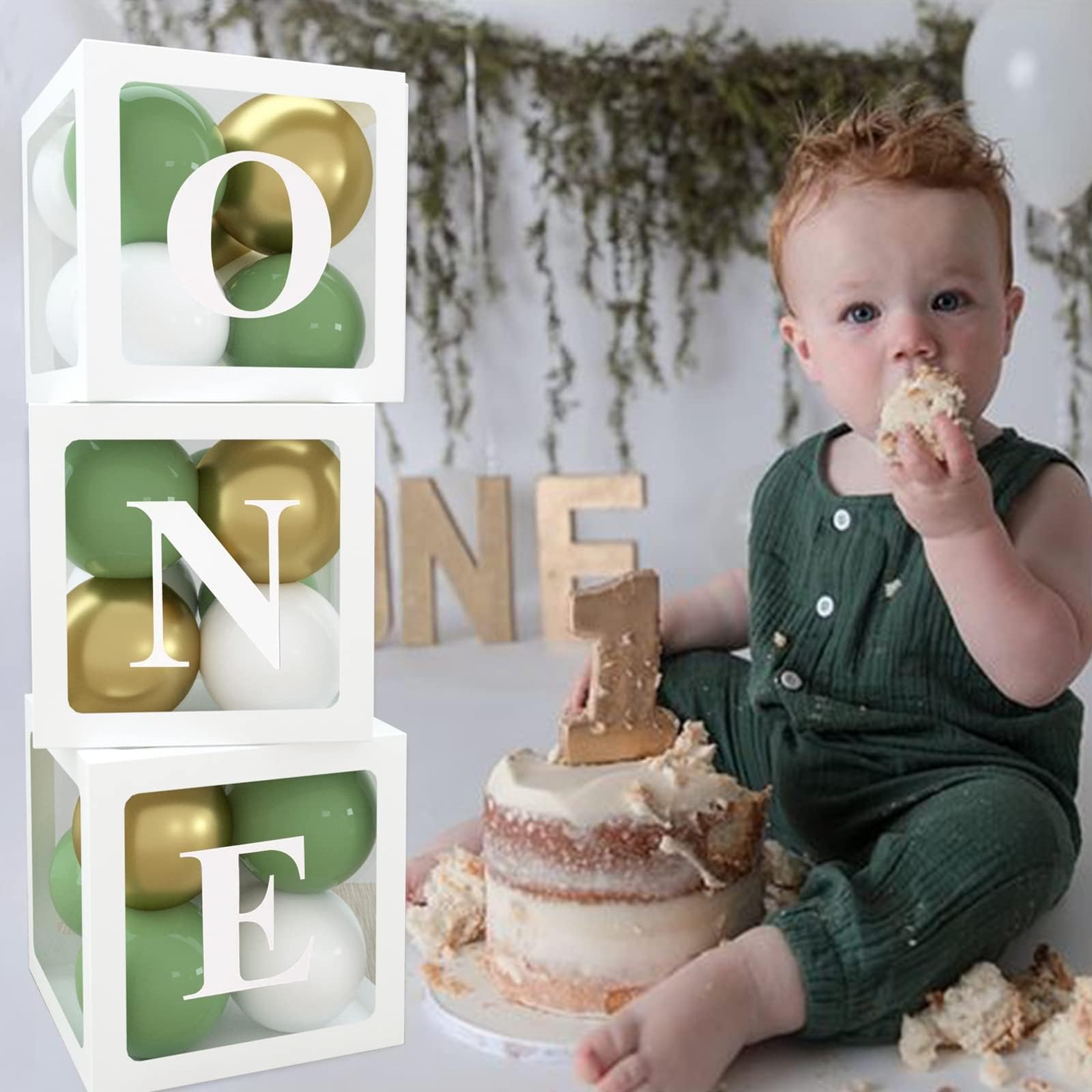 ONE Boxes for 1st Birthday Boy Decorations,30PCS Green Gold White Balloons and ONE Letters for First Birthday Decorations One Blocks for Boy Girl Baby Shower,Photo Shoot Prop,Table Centerpiece