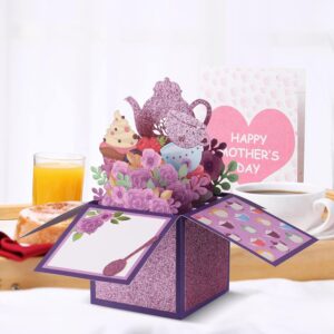 Giiffu Mothers Day Card, Tea Theme, Tea Time 3D Pop Up Card, 3D Flower Pop Up Greeting Card with Note Card and Envelopes, for Mothers Day, Birthday, Tea Party (Purple)