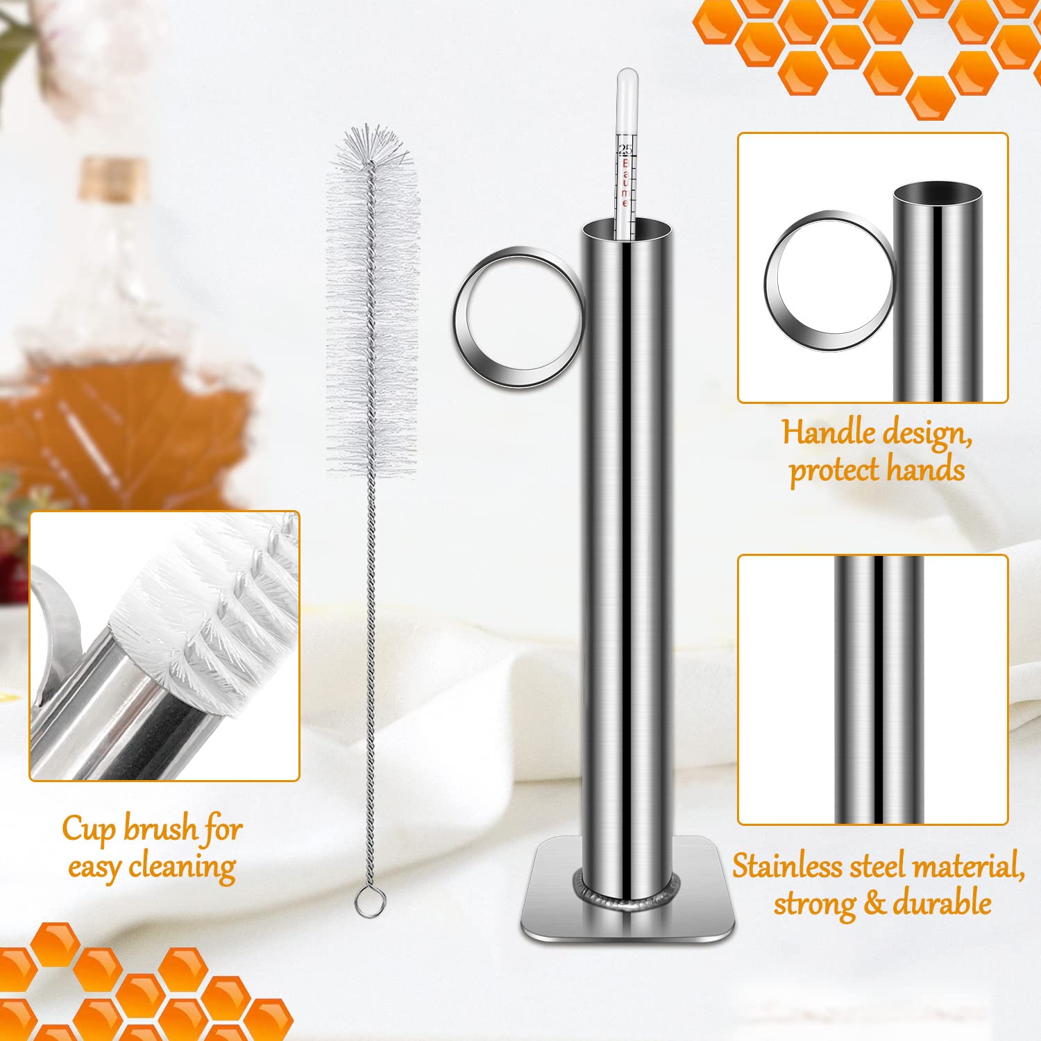 JUYRLE Maple Syrup Hydrometer Kit - Stainless Steel Test Cup, Baume and Brix Scale, Cleaning Brush, Maple Syrup Density Kit for Accurate Measurements of Sugar Content and Quality