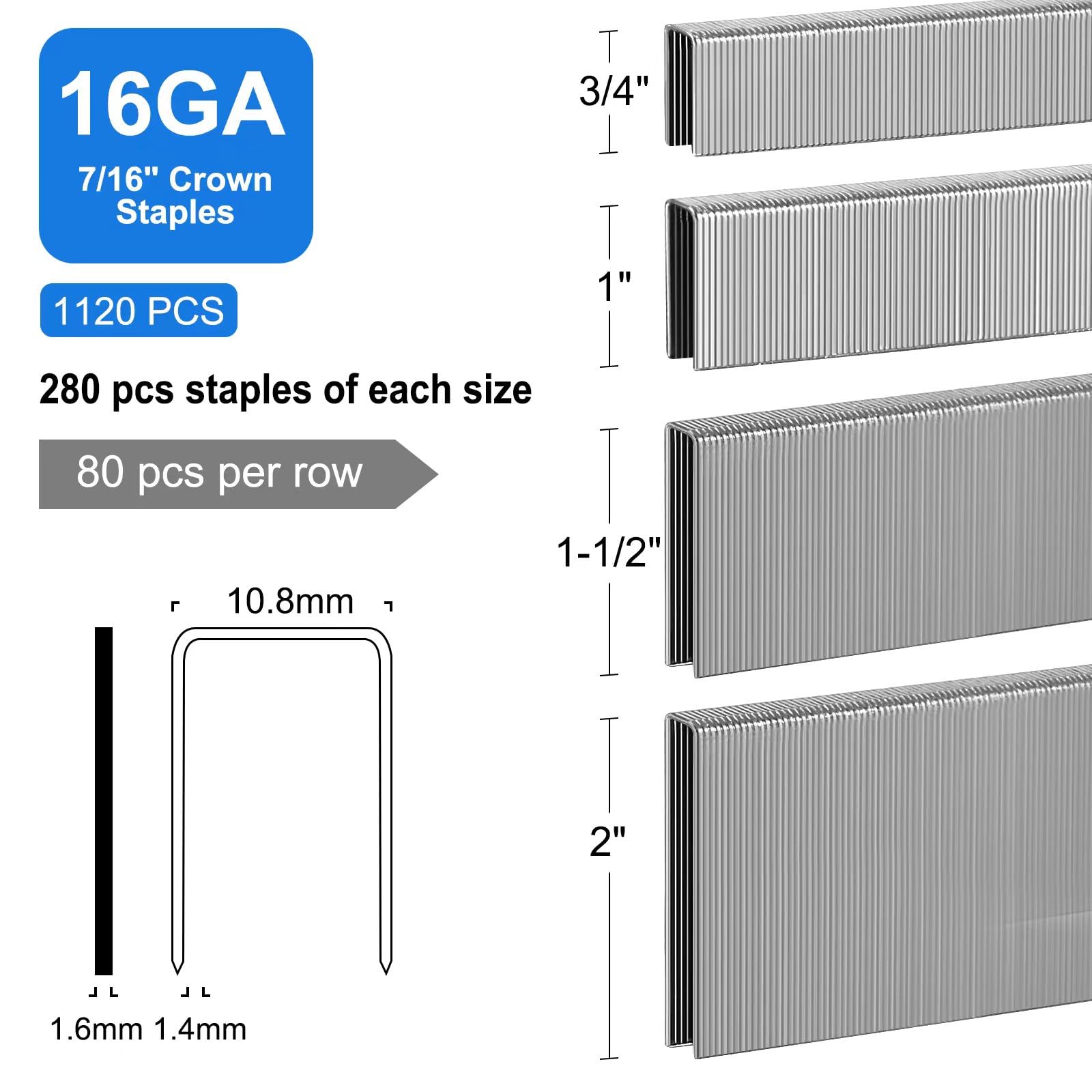 SimCos 16 Gauge 7/16" Crown Staples (2",1-1/2" 1", 3/4") for Wood, Galvanized Steel Assorted 1120 Counts for 16 GA Pneumatic or Electric Stapler or 16 Gauge Staple Gun,Project Pack