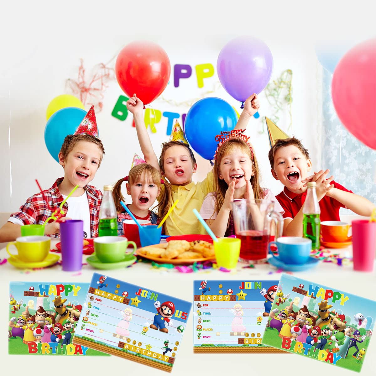 NF 24PCS Mario Birthday Party Invitations card, Video game party supplies，Super Bro Party Supplies for Kids