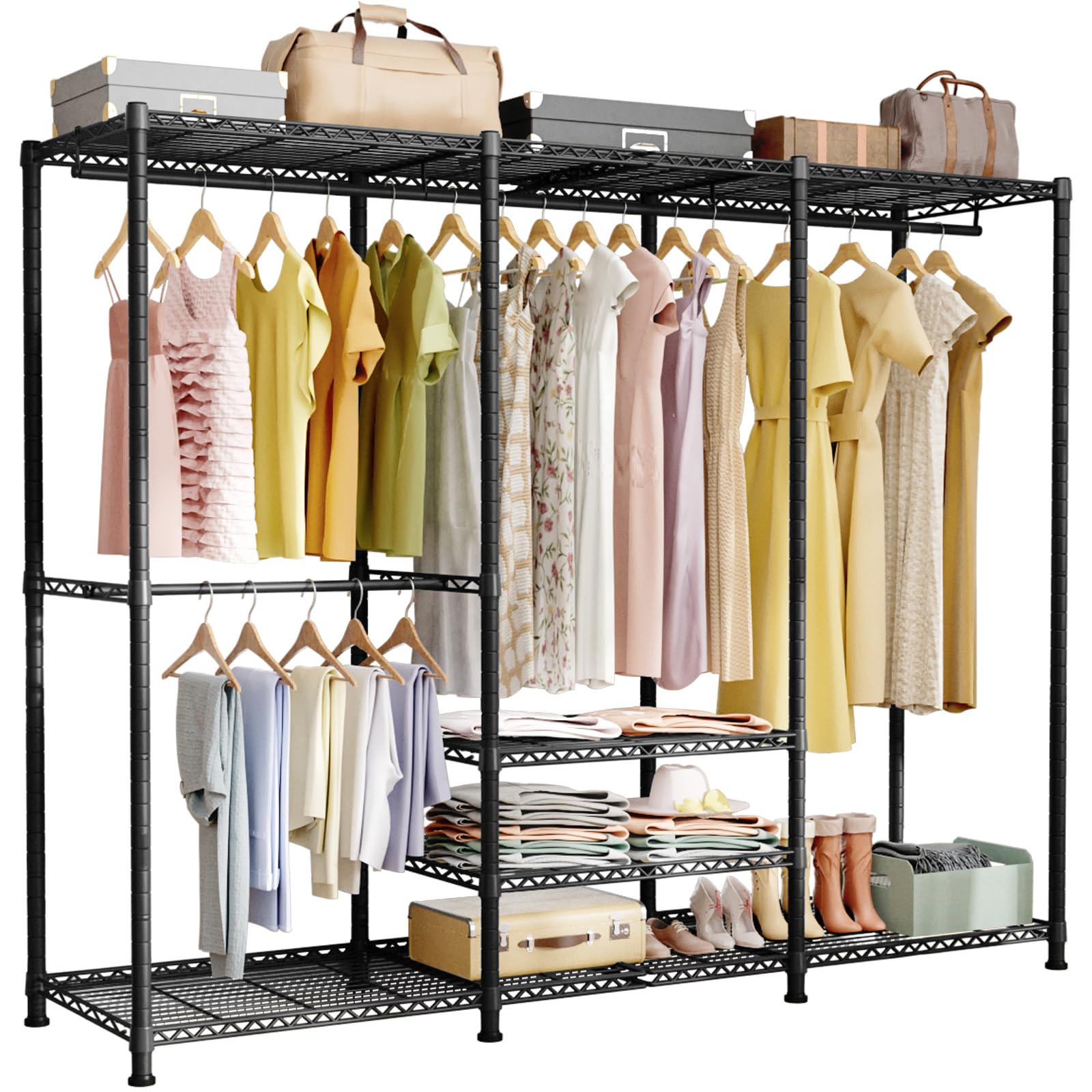 Ulif E5 Garment Rack, 4 Tiers Freestanding Heavy-Duty Closet Organizer and Storage System, Max Load 780LBS, 67.9" W x 14.5" D x 77.1" H, Black