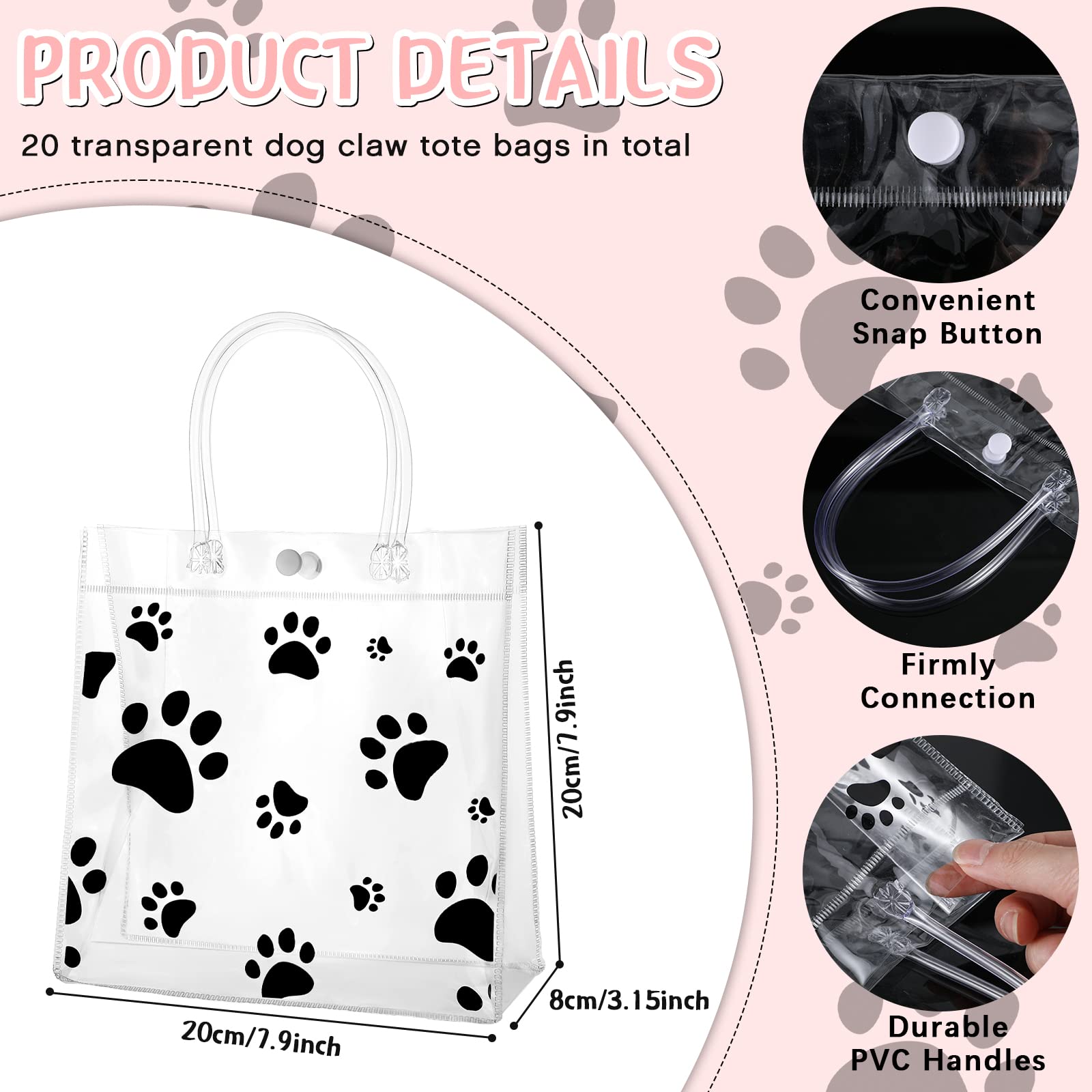 Teling 20 Packs Dog Paw Clear PVC Gift Bags with Handle Reusable Plastic Wrap Tote Bags Transparent Goodie Bags for Puppy Pet Treat Party Favor Birthday Party Wedding, 8 x 8 x 3.15 In(Black)