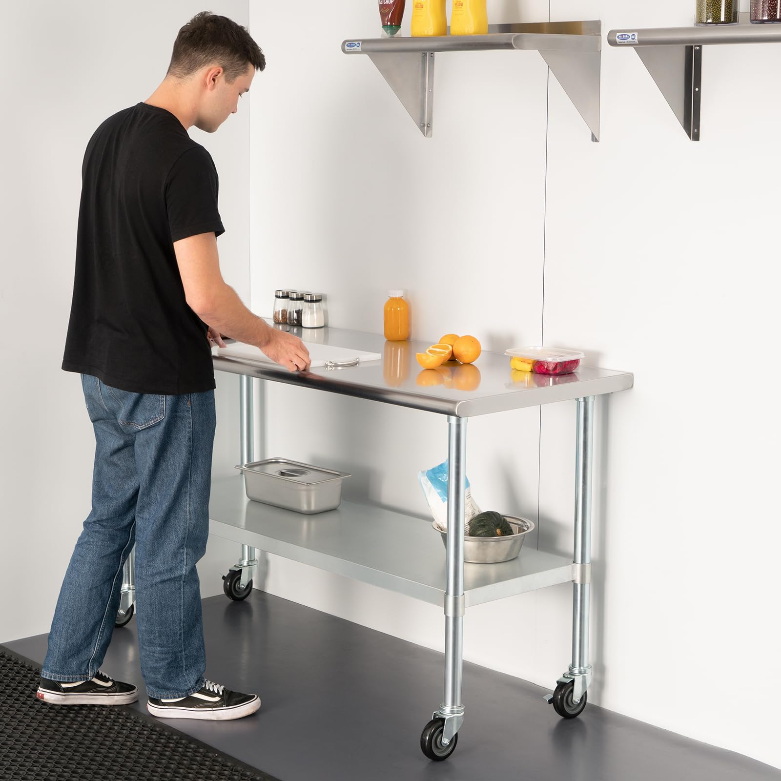 HARDURA Stainless Steel Table with Wheels 24 x 60 Inches Casters NSF Heavy Duty Commercial Work & Prep Table with Undershelf and Galvanized Legs for Restaurant Kitchen Bar and Hotel Garage