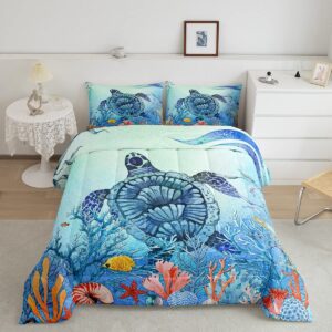 teal sea turtle comforter set twin size, 3d tortoise reptile bedding sets for boys girls kids teens, sea animal comforter ocean decor, blue green coastal nature down comforter with 1 pillowcase