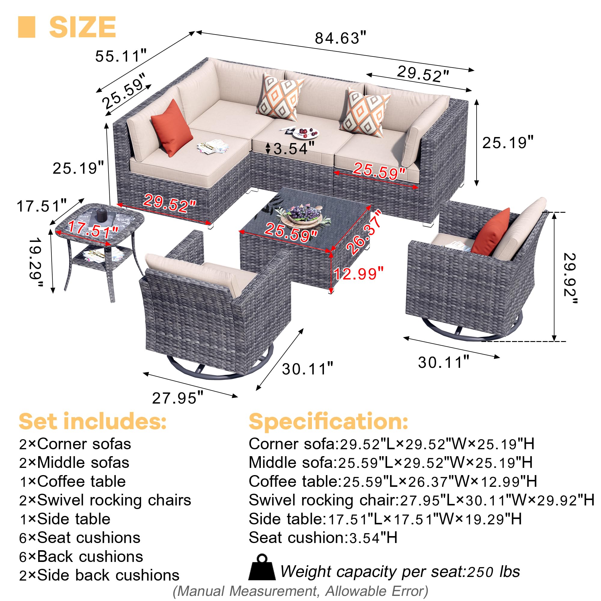 HOOOWOOO Patio Outdoor Furniture Sectional Couch Set,8 Piece Wicker Weather Resistant Conversation Set,Modern Corner Modular L Shaped Sofa Set with Table Swivel Chairs for Yard(Beige Tan)