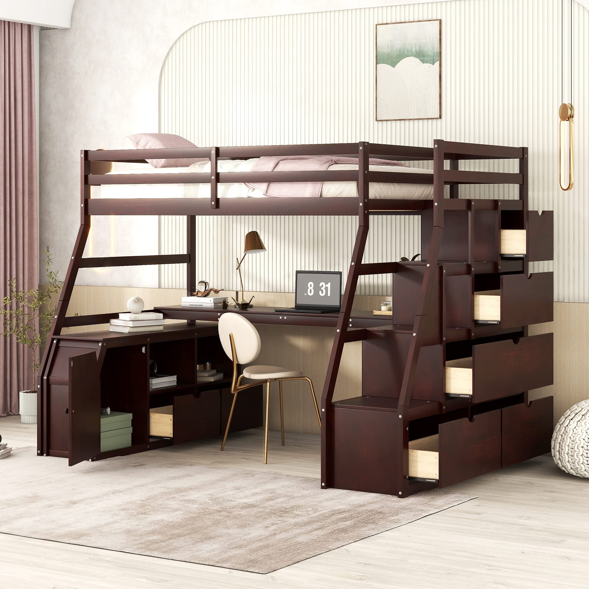 Harper & Bright Designs Twin Loft Bed with Stairs and Desk, Solid Wood Loft Bed Frame with Storage 7 Drawers 2 Shelves, for Kids Teens Adults (Espresso)