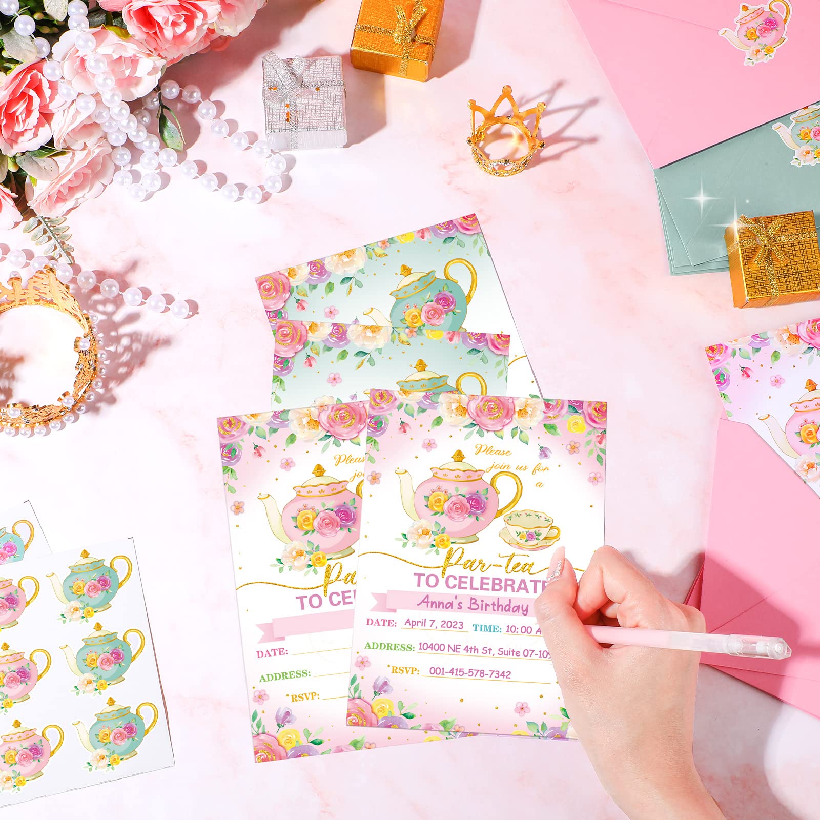 24 Pcs Tea Party Invitation Cards With Envelopes And Stickers, Little Girl Garden Tea Cup Time Bridal or Baby Shower Invite, High Tea Themed Ladies Event Ideas, Printed or Fill in The Blank Card