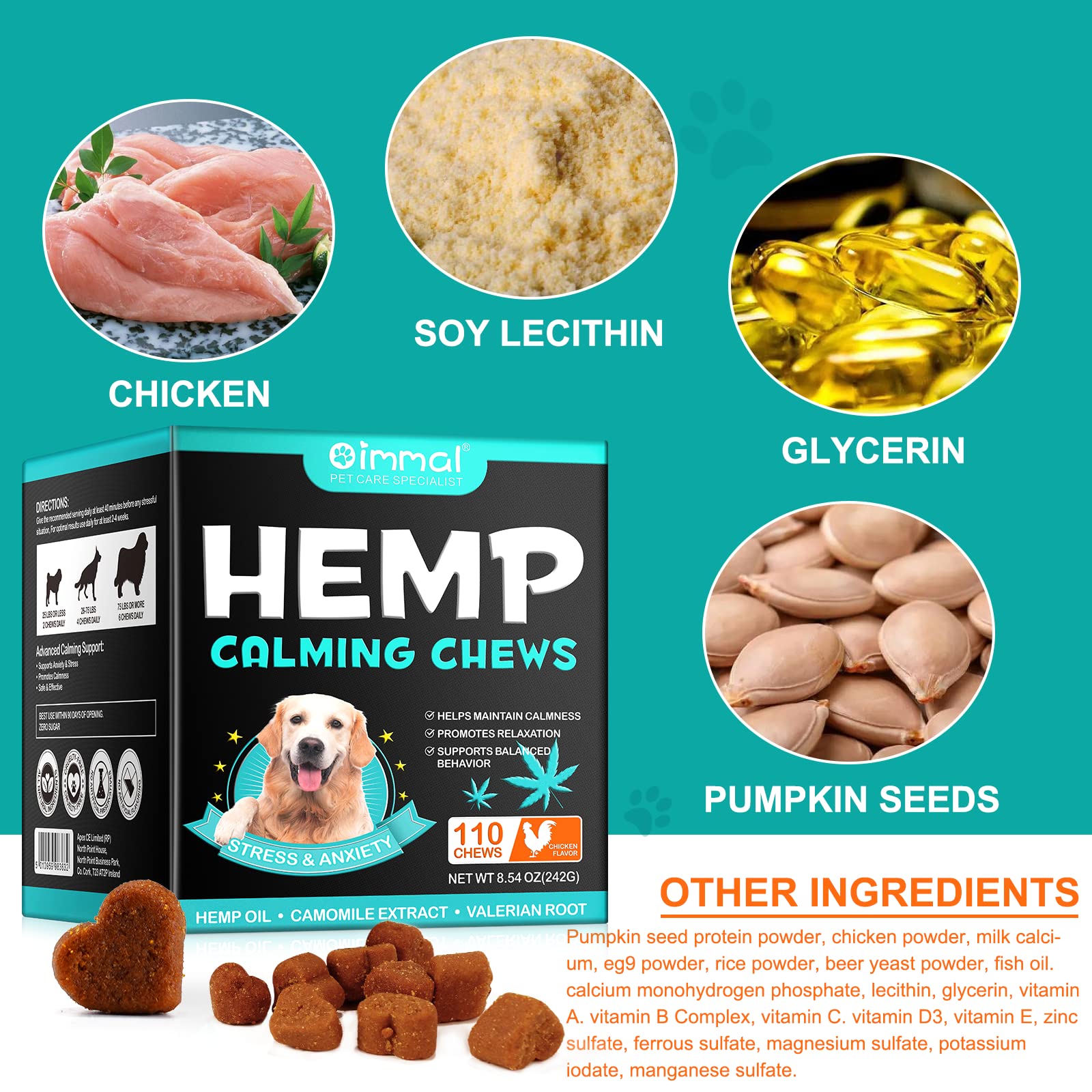 Hemp Calming Chews for Dogs, Dog Training & Behavior Aids, Dog Calming Treats, Natural Soothing Snacks Hemp + Valerian Root, Dog Anxiety Relief & Aggressive Behavior, 110PCS Calming Dog Treats