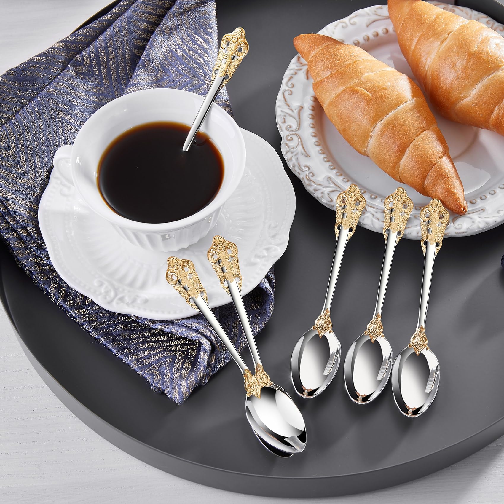 KEAWELL Luxurious 5.1-Inch Espresso Spoons Set - 6 Pieces - Mini Coffee Spoon, 18/10 Stainless Steel - Gorgeous Design with Exceptional Mirror Polished Finish (Gold Accent)