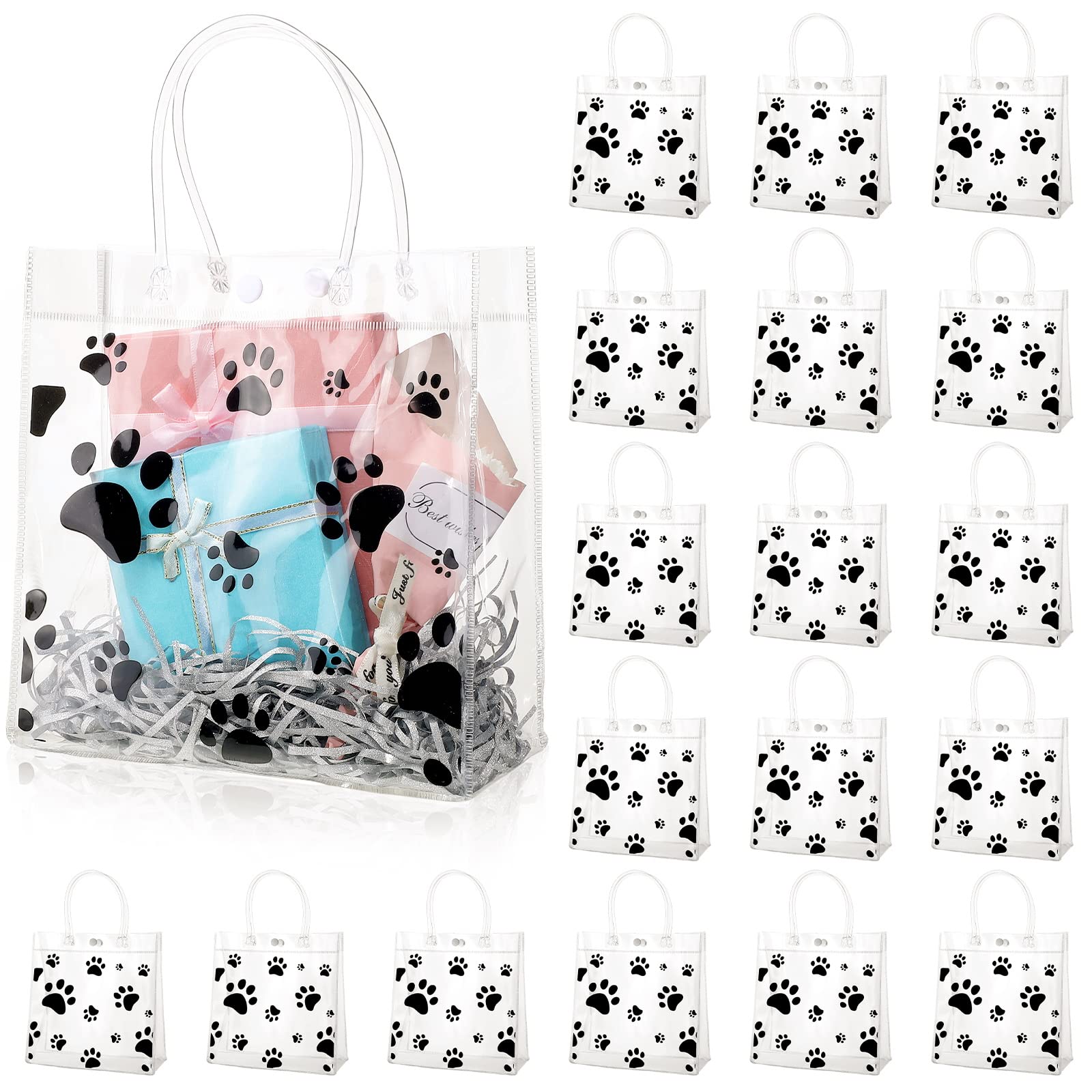 Teling 20 Packs Dog Paw Clear PVC Gift Bags with Handle Reusable Plastic Wrap Tote Bags Transparent Goodie Bags for Puppy Pet Treat Party Favor Birthday Party Wedding, 8 x 8 x 3.15 In(Black)