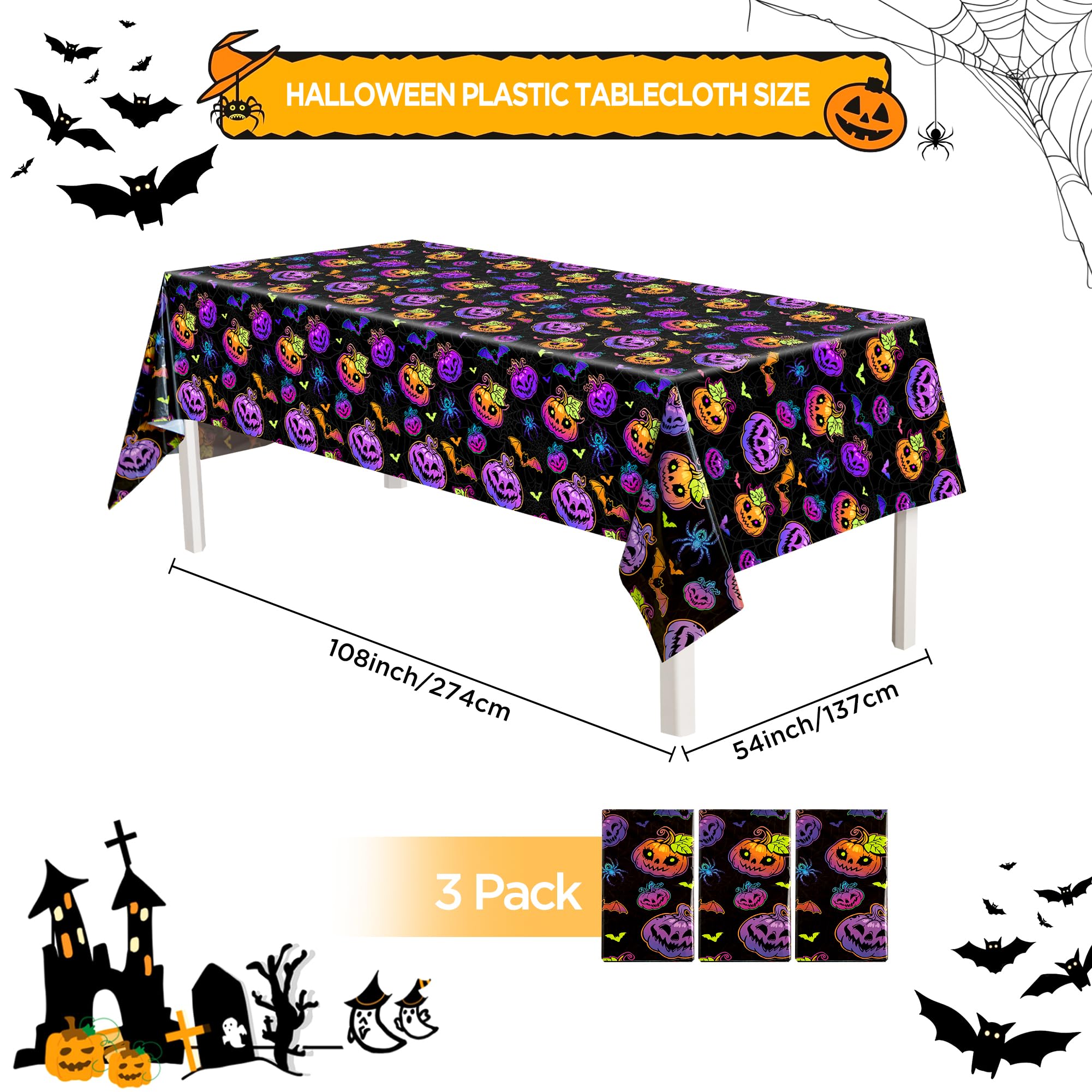 joycloth 3 Pack Halloween Tablecloths, 54 x 108 Inch Disposable Plastic Spiderweb Table Covers with Cute Pumpkin Bat Happy Halloween Party Supplies for Kids Halloween Party