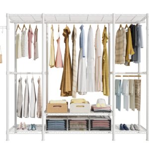 Ulif E3 Heavy Duty Garment Rack, 4 Tiers Freestanding Closet Organizer System with 5 Shelves, Metal Closet Organizer and Storage System for Clothes, Max Load 650lbs, 57.1"W x 14.5"D x 77.3"H, White