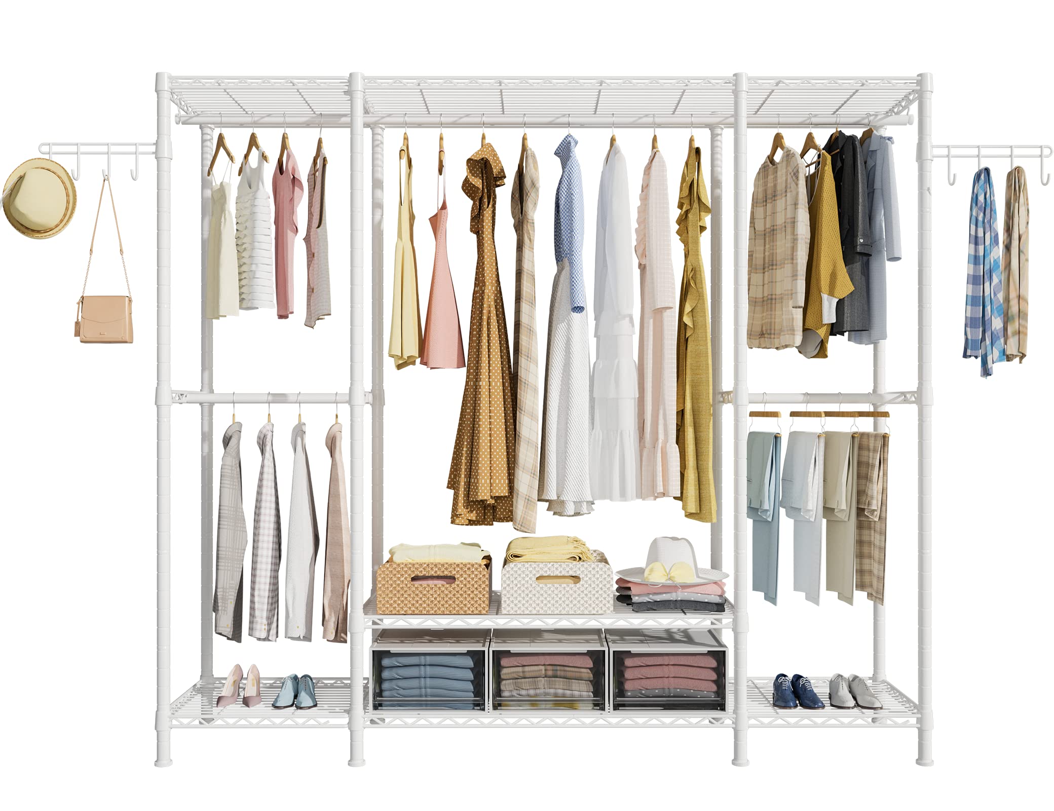 Ulif E3 Heavy Duty Garment Rack, 4 Tiers Freestanding Closet Organizer System with 5 Shelves, Metal Closet Organizer and Storage System for Clothes, Max Load 650lbs, 57.1"W x 14.5"D x 77.3"H, White