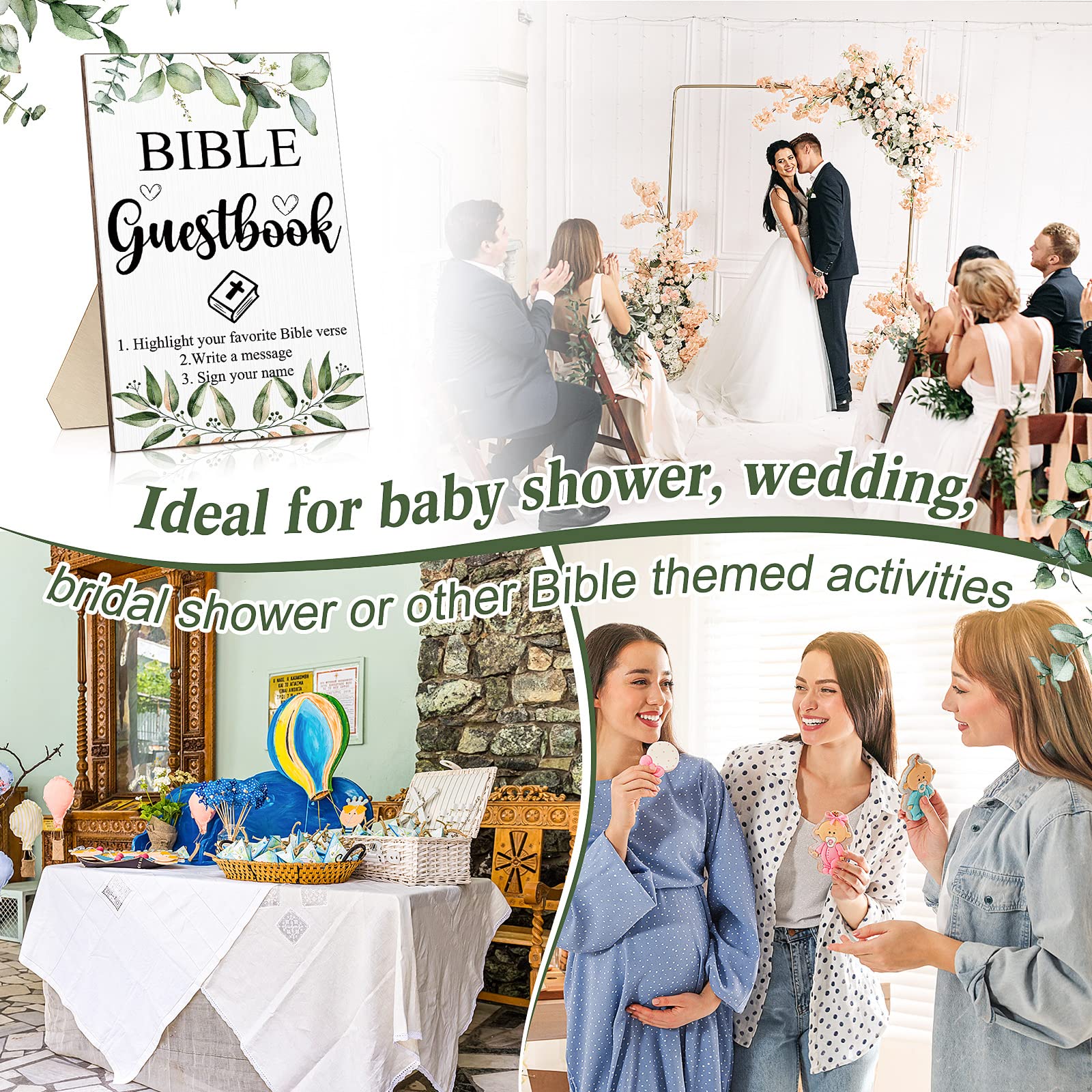 Geelin 19 Pcs Bible Wedding Guestbook Sign and Pens Set Greenery Wooden Standing Sign Bible Guest Book Sign 6 Highlighters for Bible Pages 12 Fine Point Pens for Baby Shower Bridal Shower Party