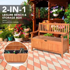 Safstar Outdoor Patio Bench with Storage Box, 33 Gallon Capacity, Wooden Frame, Eucalyptus Material, Natural Color, 42 x 23 x 35.5 Inches