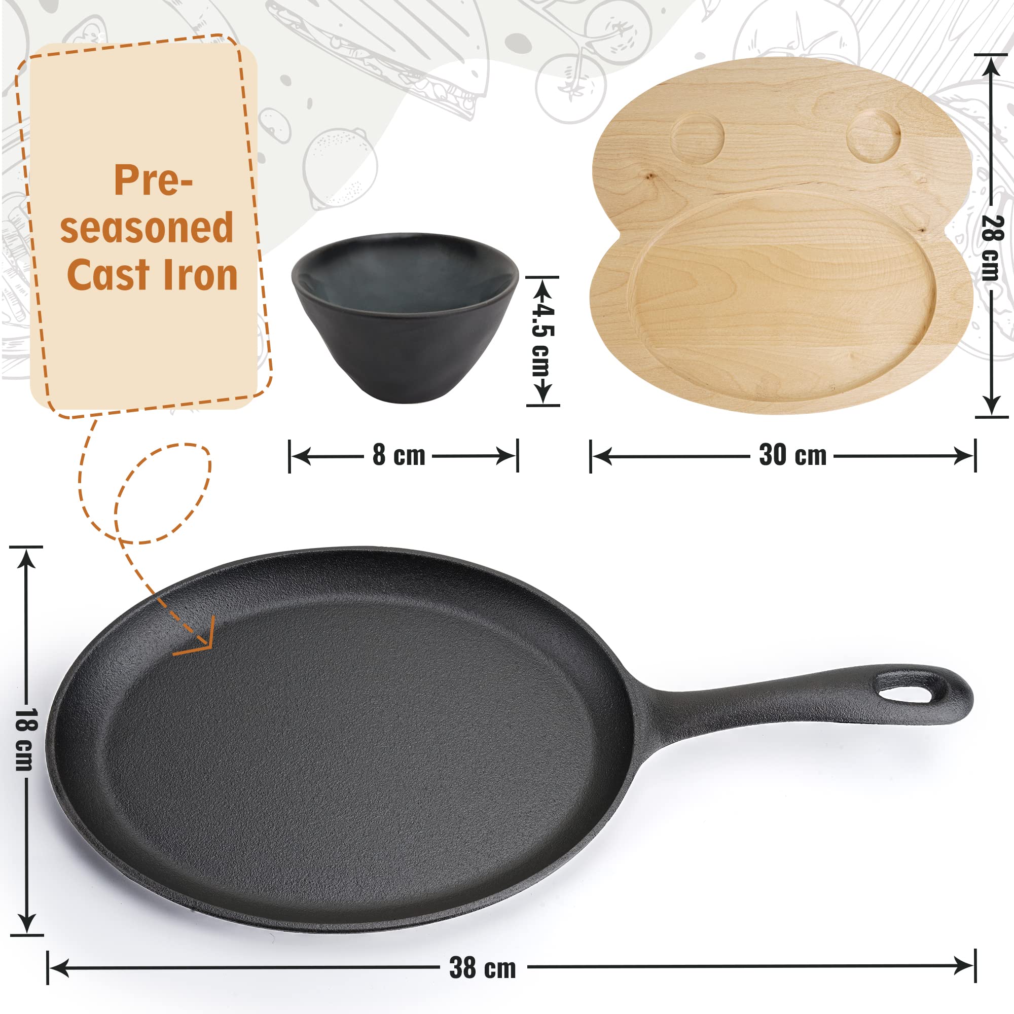 Tortillada – 10 Inch Cast Iron Fajita Pan/Grill Pan Set for Fajitas – incl. wooden Serving Tray + 2 Ceramic dip bowls (Set of 2)