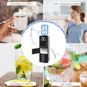 Clarfey Water Dispenser with Ice Maker, 3 in 1 Water Dispense with Built-in Ice Maker, Water Cooler Dispenser for 3-5 Gallon Bottle with a Scoop, Ice-Making Chamber, Child Safety Lock, Black