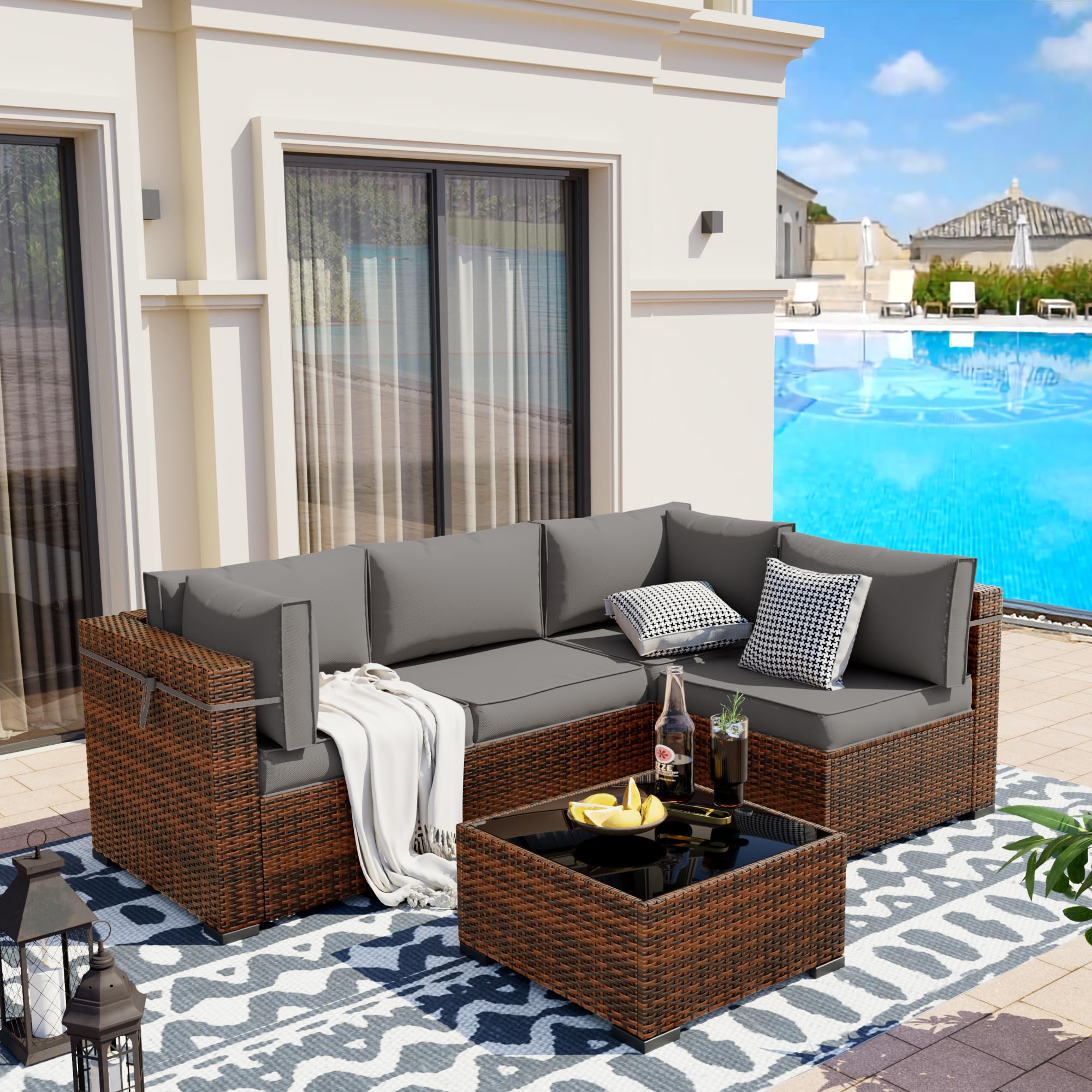 UDPATIO Patio Furniture Sets, Modular Rattan Outdoor Patio Sectional Furniture Sofa Set, Wicker Patio Conversation Set for Backyard, Deck w/Glass Coffee Table, 5PC Brown/Grey (Include Sofa Cover)