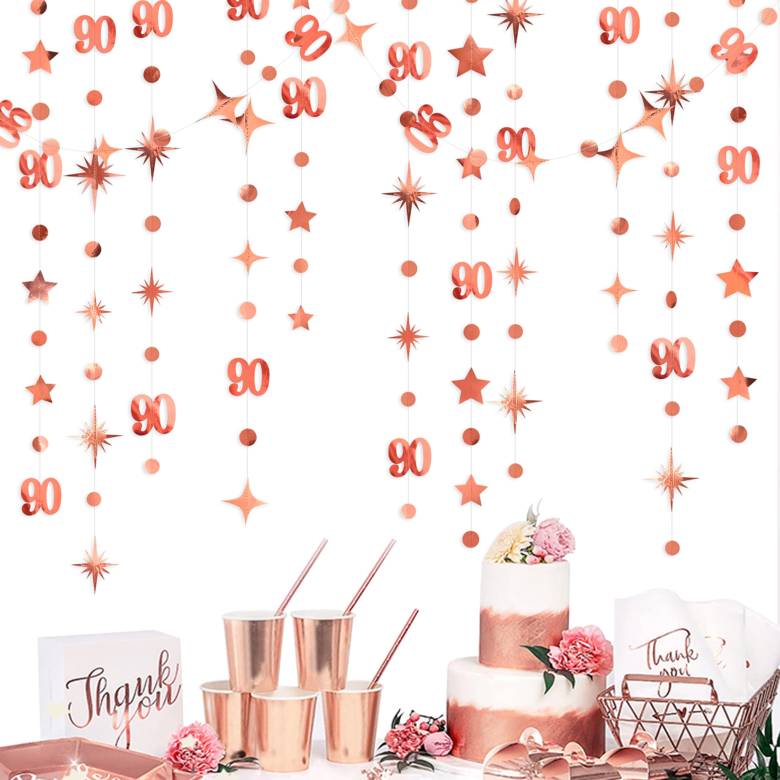 Rose Gold 90th Birthday Decorations Number 90 Circle Dot Twinkle Star Garland Metallic Hanging Streamer Bunting Banner Backdrop for Women Mens 90 Year Old Birthday Ninety Anniversary Party Supplies