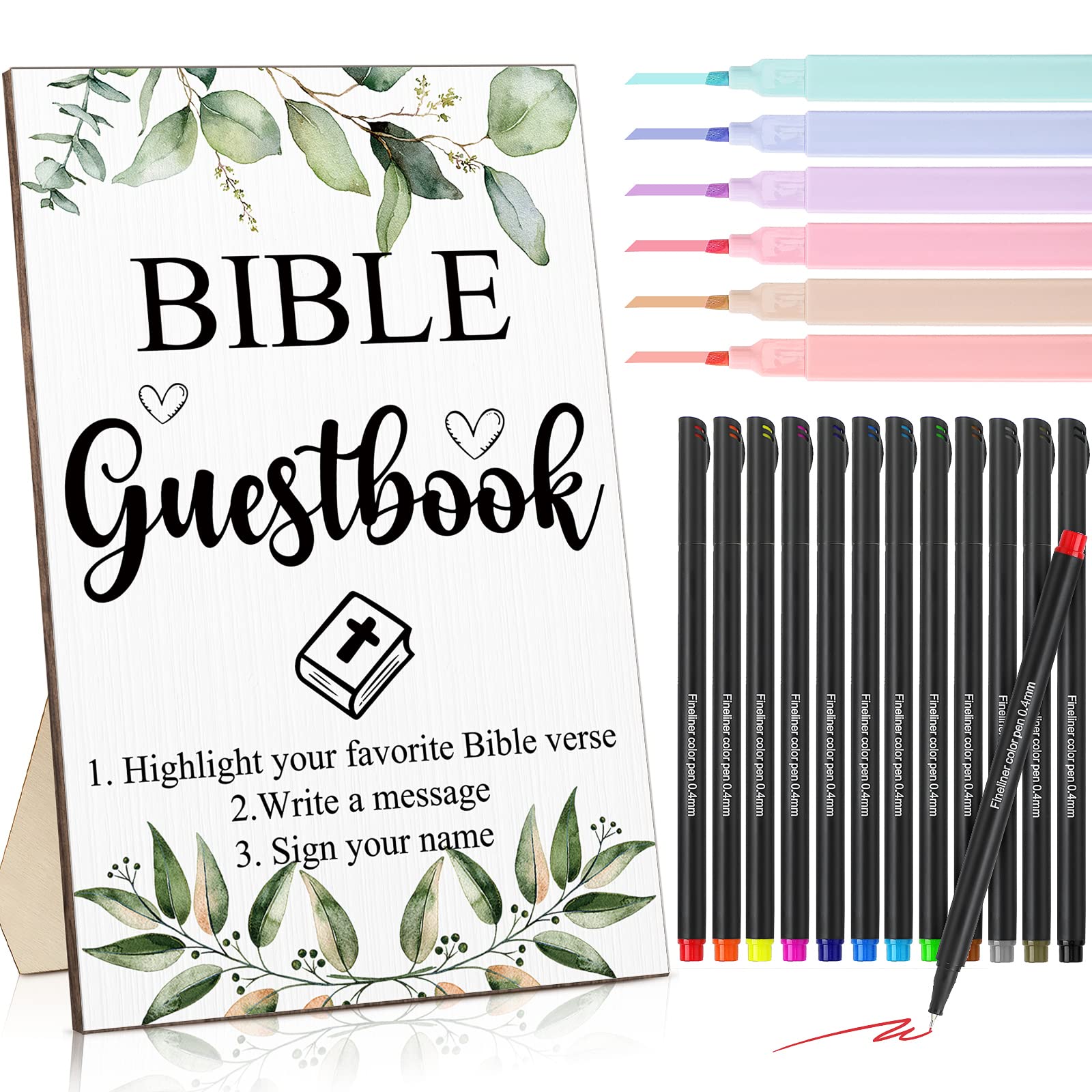 Geelin 19 Pcs Bible Wedding Guestbook Sign and Pens Set Greenery Wooden Standing Sign Bible Guest Book Sign 6 Highlighters for Bible Pages 12 Fine Point Pens for Baby Shower Bridal Shower Party