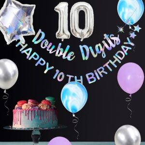 Iridescent Double Digits Happy 10th Birthday Banner Garland Foil Balloon 10 for Girls Boys 10th Birthday Decorations Hanging 10 and Fabulous Cheers to 10 Years Old Ten Birthday Party Supplies Backdrop