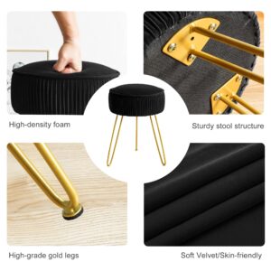 LUE BONA Pleated Vanity Stool, Velvet Upholstered Vanity Stool for Makeup Room, Round Mondern Stool for Vanity, Ottoman Footrest Stool with Metal Legs for Living Room, Bedroom, Black