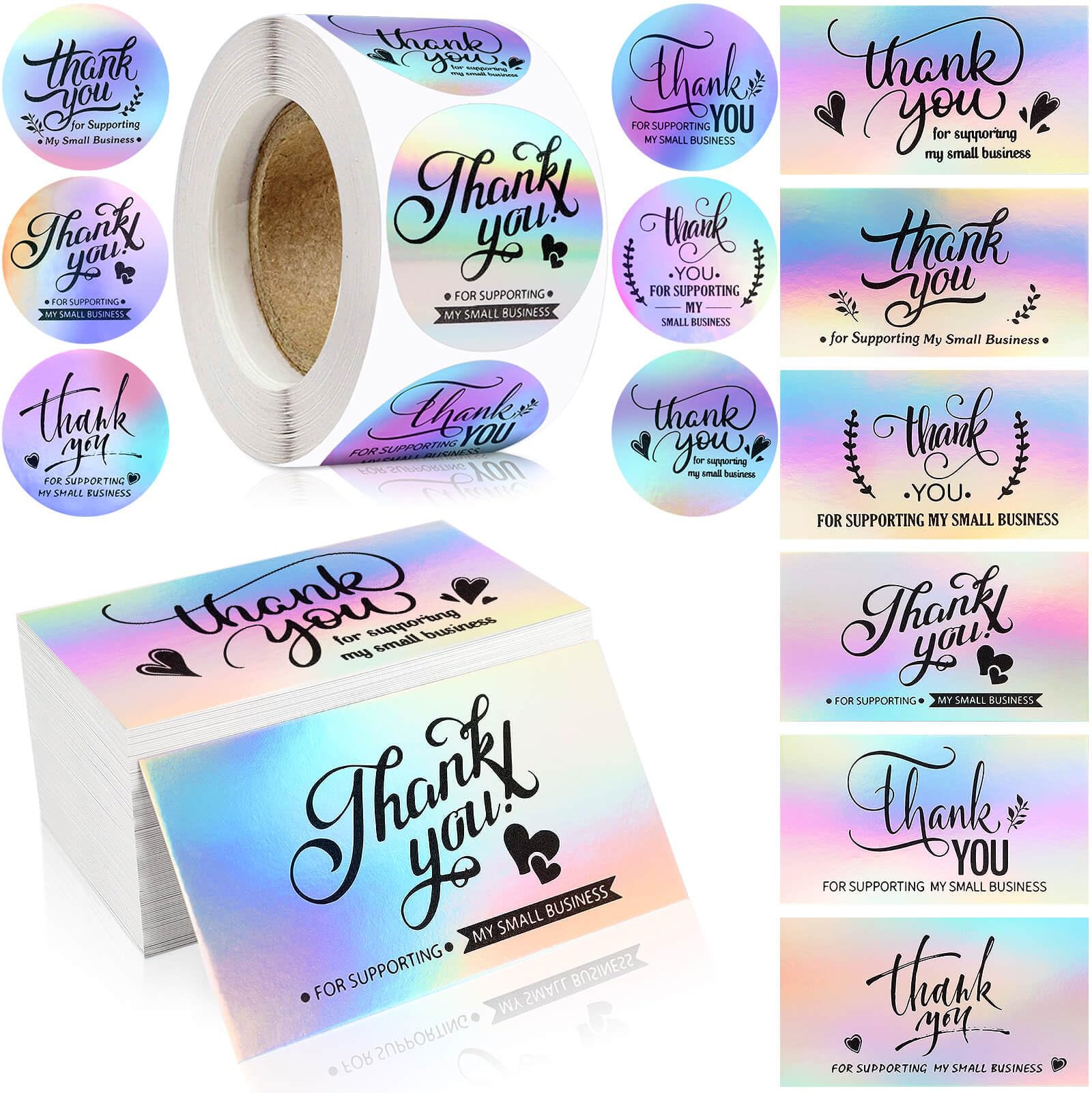 620 Pcs Thank You Cards and Stickers Set,Thank You for Supporting My Small Business Cards,Holographic Thank You Business Cards Small Business Supplies for Envelope,Wedding,Christmas Gifts,Giveaways