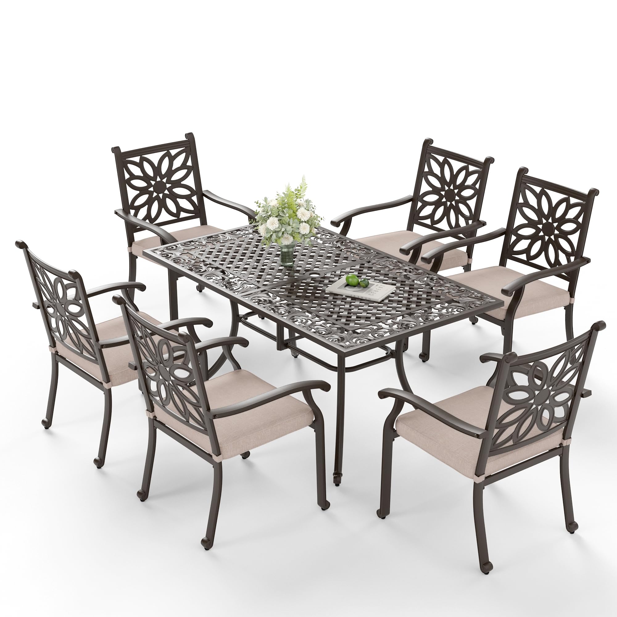 Sophia & William 7 Pieces Cast Aluminium Patio Dining Furniture Set for 6, Powder-Coating Outdoor Dining Chairs and Rectangular Table with 2.3" Umbrella Hole for Porch Backyard Deck, Bronze