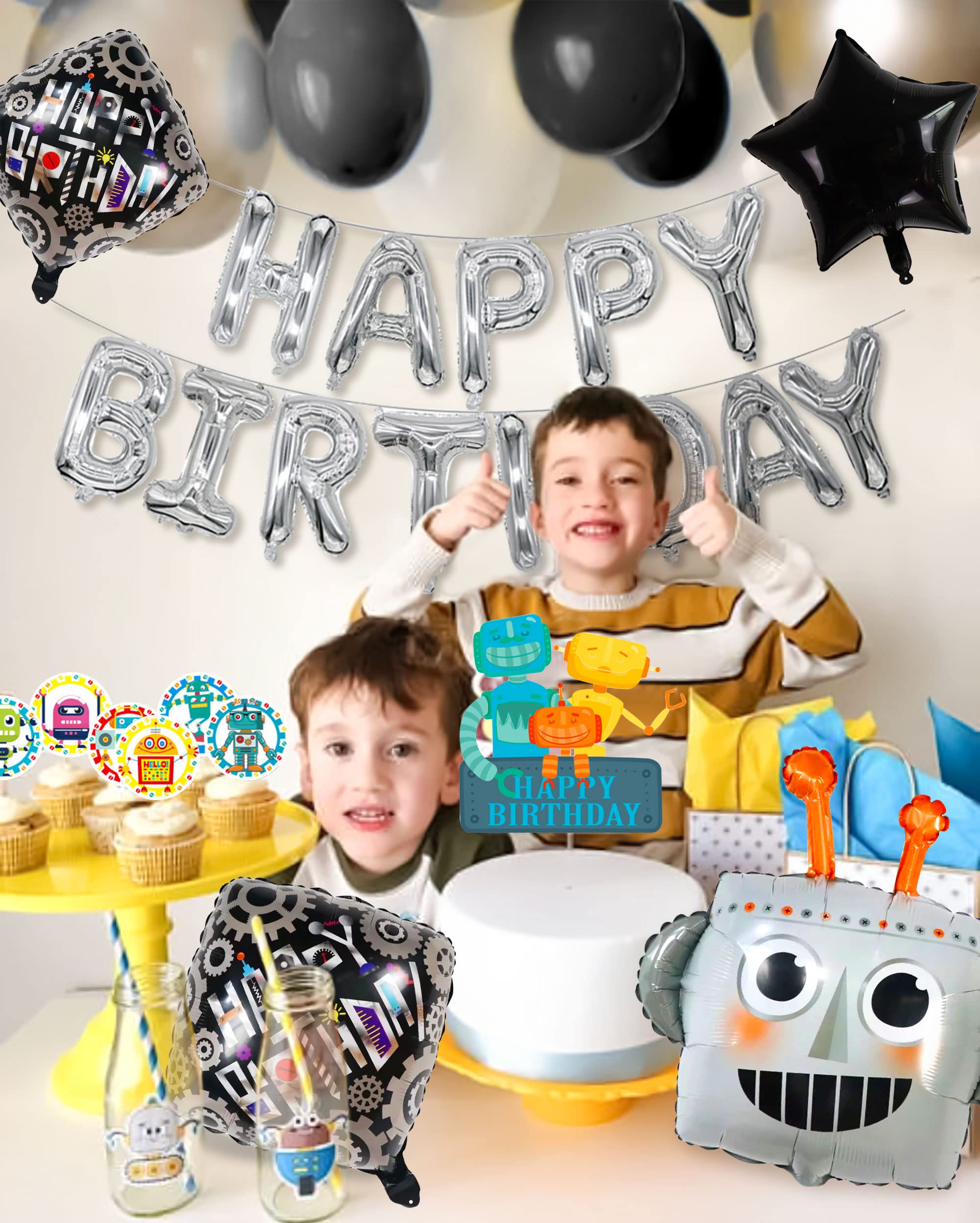 31 PCS Robot Birthday Party Supplies Robot Birthday Balloons Robot Birthday Banner Favors Cake Cupcake Decoration