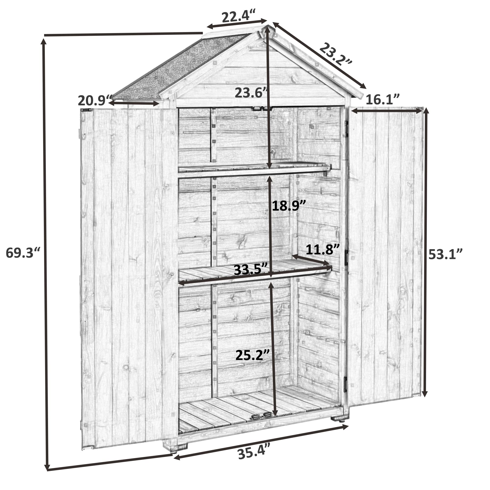 Merax 5.8ft x 3ft Outdoor Wood Lean-to Storage Shed Tool Organizer with Waterproof Asphalt Roof, Lockable Doors, 3-Tier Shelves for Backyard, Gray