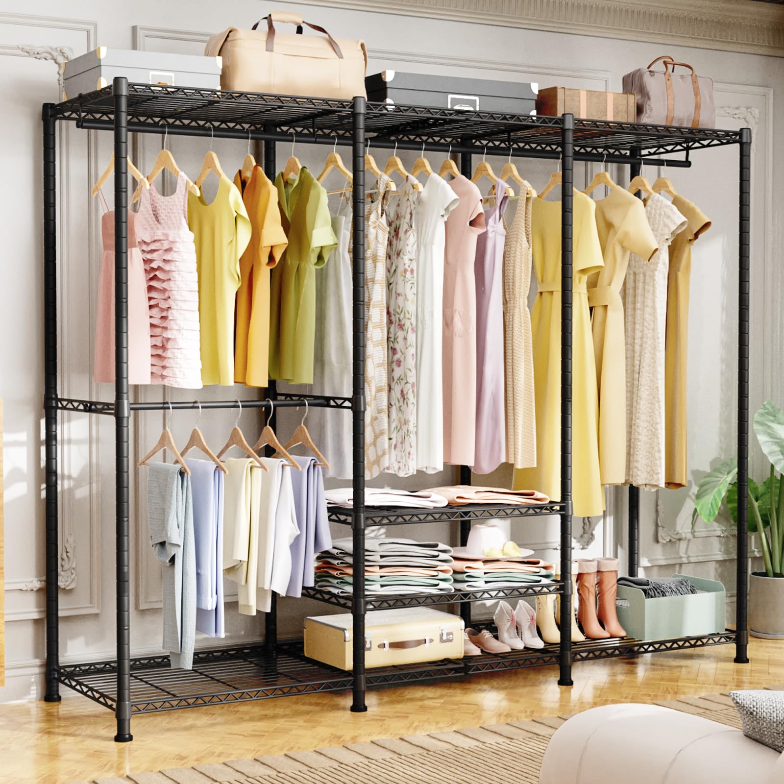 Ulif E5 Garment Rack, 4 Tiers Freestanding Heavy-Duty Closet Organizer and Storage System, Max Load 780LBS, 67.9" W x 14.5" D x 77.1" H, Black