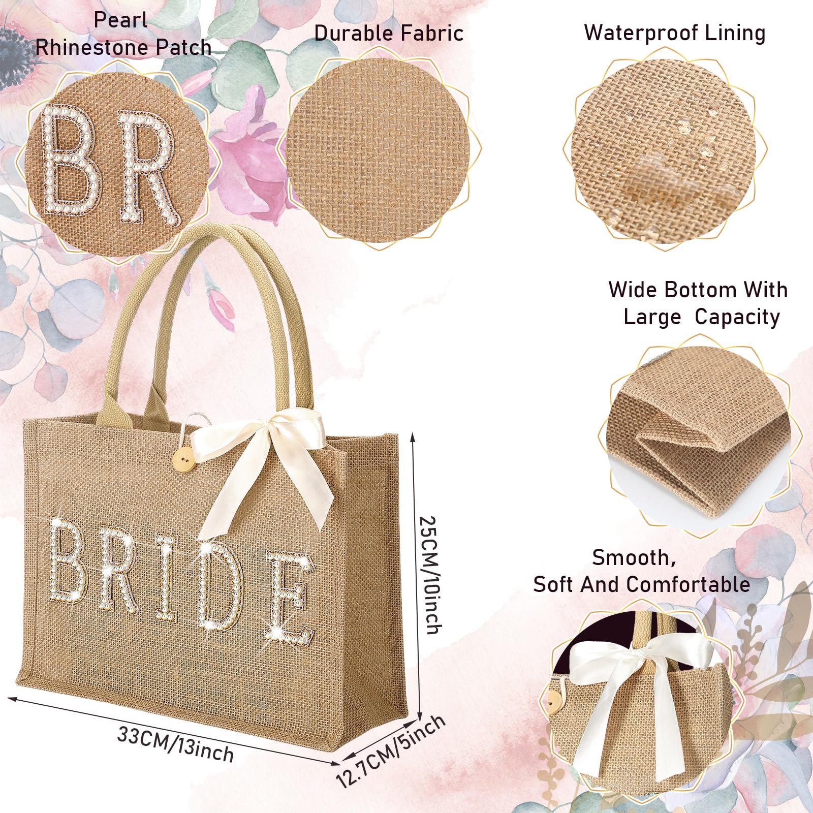 Silkfly Wedding Bride Bag Natural Jute Bride Tote Bag with Ribbon Bride Gift Bag with Handle for Bridal Shower (Gold Edges,Bride)