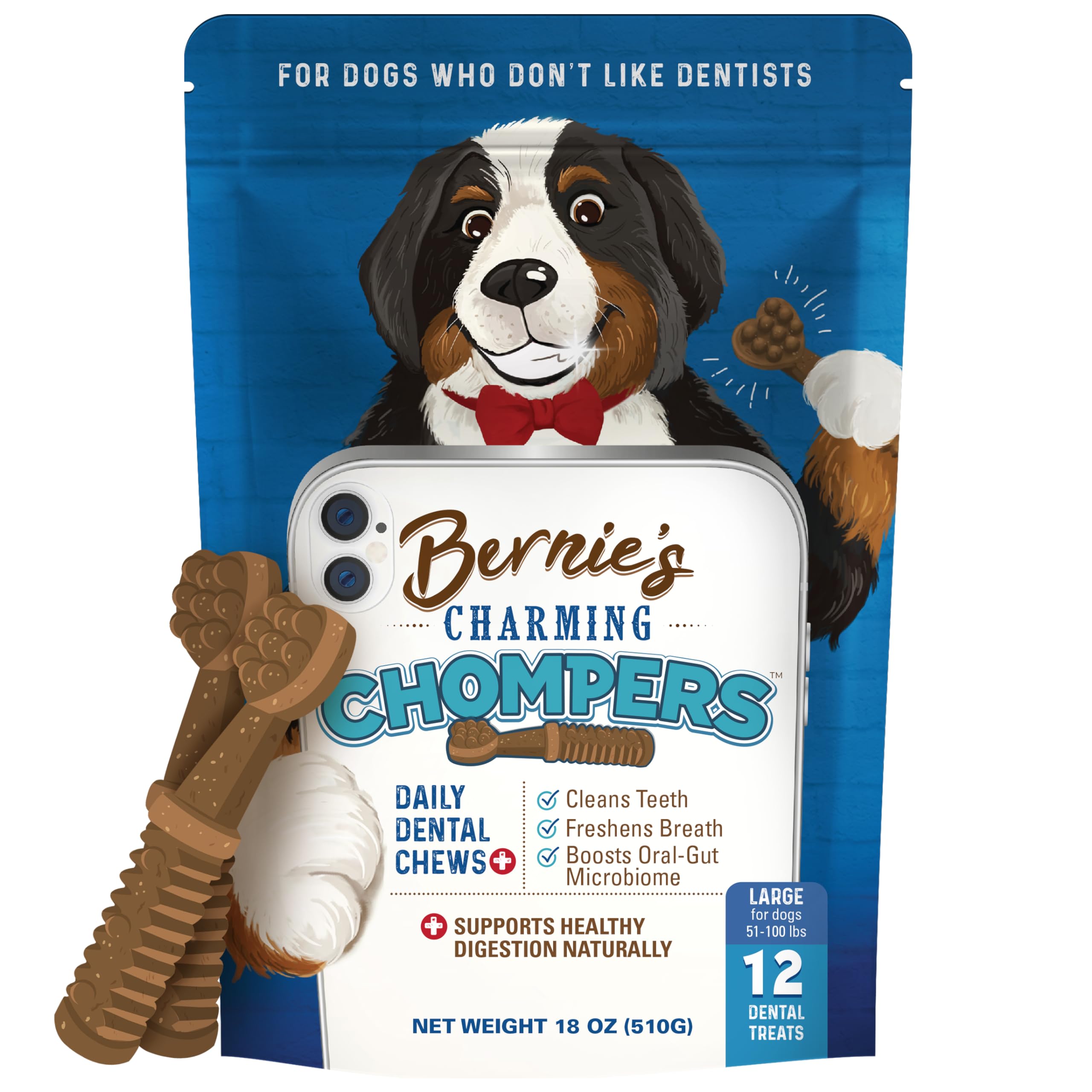 Bernie's Charming Chompers - Daily Dental Chews for Dogs 50-100 Lbs. - 12 Count - Cleans Teeth, Freshens Breath, + Boosts Oral-Gut Microbiome. Easy to Digest, Supports Healthy Digestion Naturally