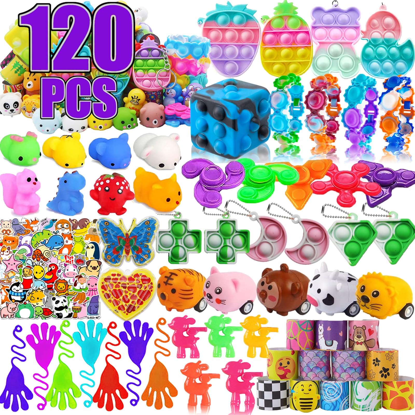 120 Pcs Pop Fidget Party Favors for Kids, Pinata Stuffers, Treasure Box Toys, Classroom Prizes, Pinata Filler, Goodie Bag Stuffers, Treasure Chest Carnival Rewards for Boys Grils 4-8-12 3-5