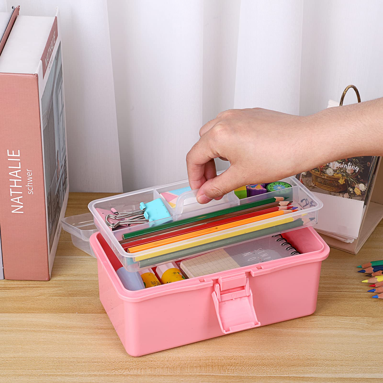 BTSKY Small Plastic Storage Box with Lid 7.9"x3.7"x4.1" Art Supply Storage Organizer with Handled Removable Tray Multi-use Small Storage Container Portable Sewing Box for Art & Sewing Supplies, Pink