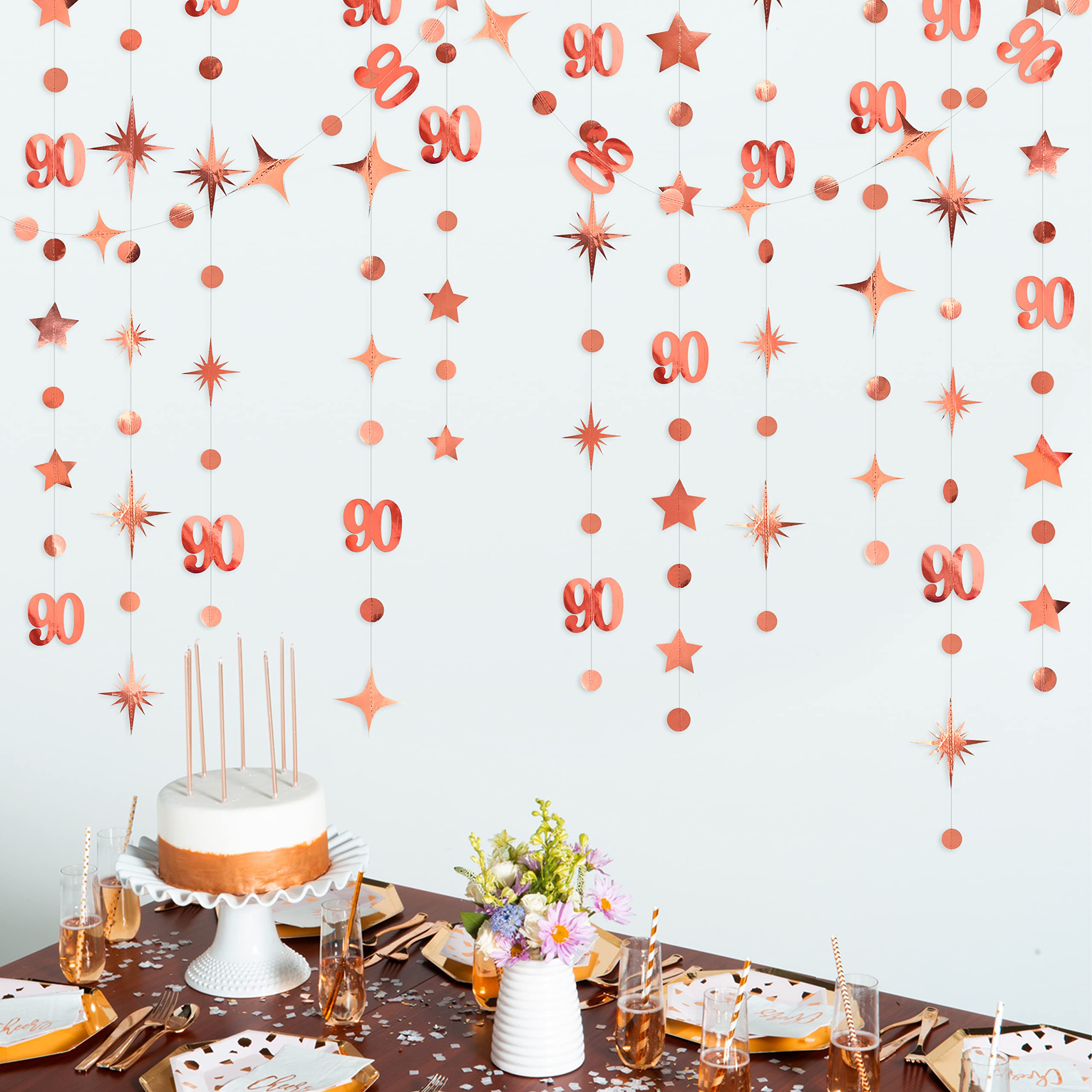 Rose Gold 90th Birthday Decorations Number 90 Circle Dot Twinkle Star Garland Metallic Hanging Streamer Bunting Banner Backdrop for Women Mens 90 Year Old Birthday Ninety Anniversary Party Supplies