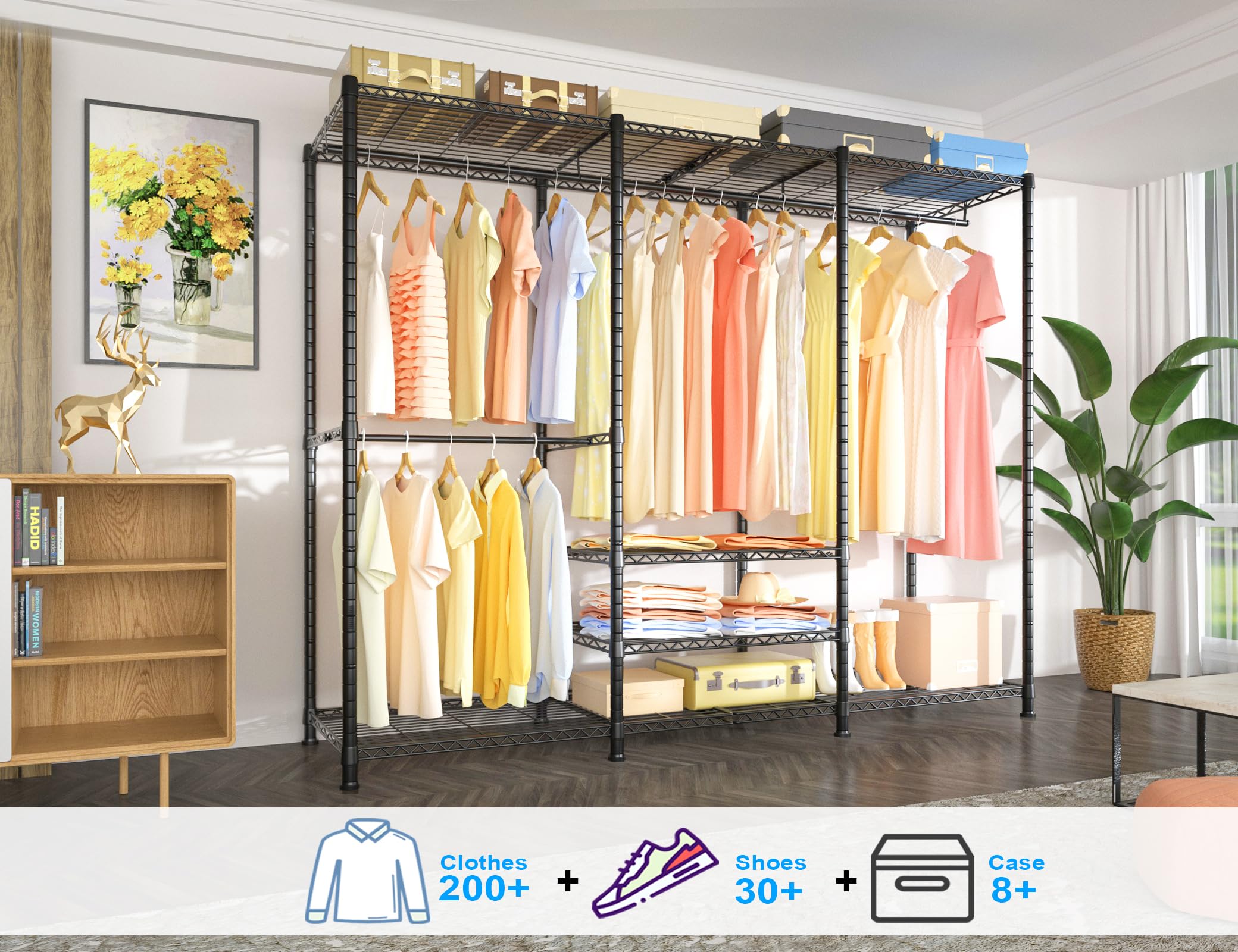 Ulif E5 Garment Rack, 4 Tiers Freestanding Heavy-Duty Closet Organizer and Storage System, Max Load 780LBS, 67.9" W x 14.5" D x 77.1" H, Black