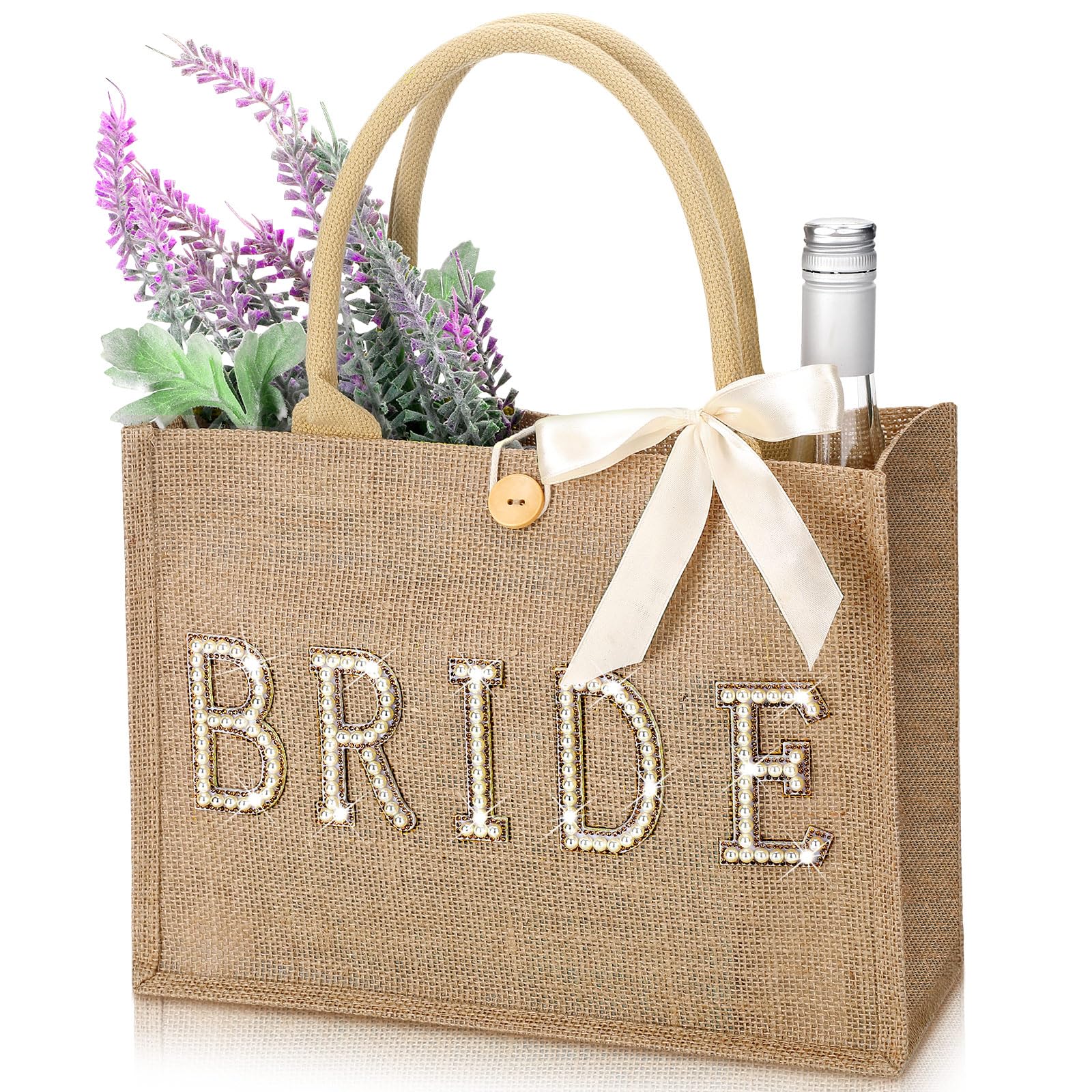 Silkfly Wedding Bride Bag Natural Jute Bride Tote Bag with Ribbon Bride Gift Bag with Handle for Bridal Shower (Gold Edges,Bride)