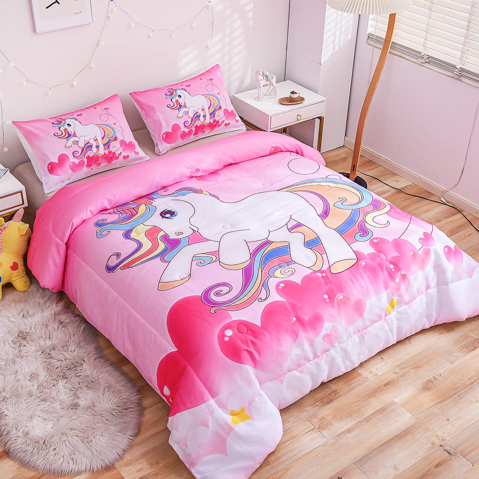 PHANTASIM Unicorn Comforter Set Full All-Season Pink Rainbow Unicorn Bedding Full for Girls 3 Pieces Soft Brushed Microfiber Kids Bedding Set for Girls Boys with 2 Pillowcase