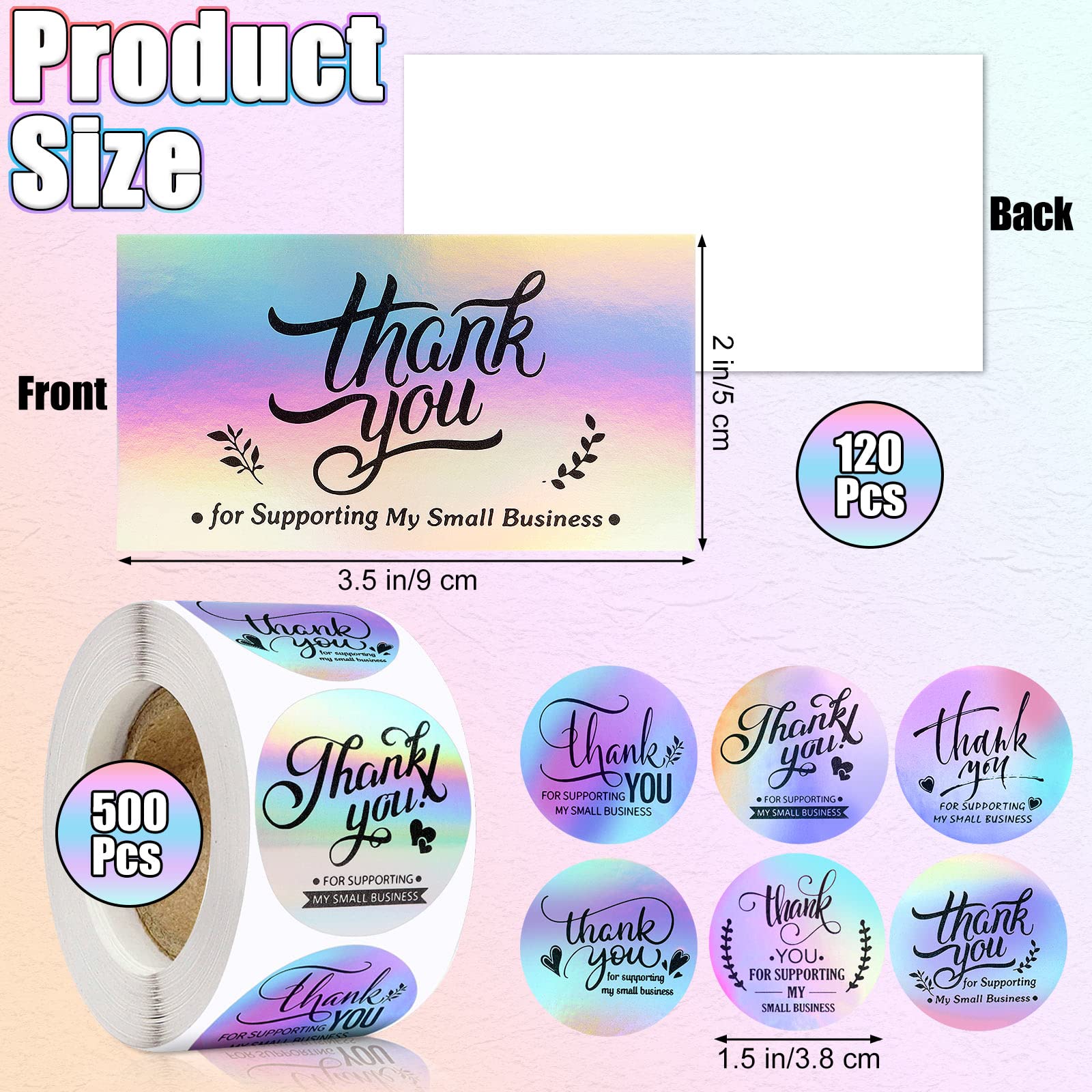 620 Pcs Thank You Cards and Stickers Set,Thank You for Supporting My Small Business Cards,Holographic Thank You Business Cards Small Business Supplies for Envelope,Wedding,Christmas Gifts,Giveaways