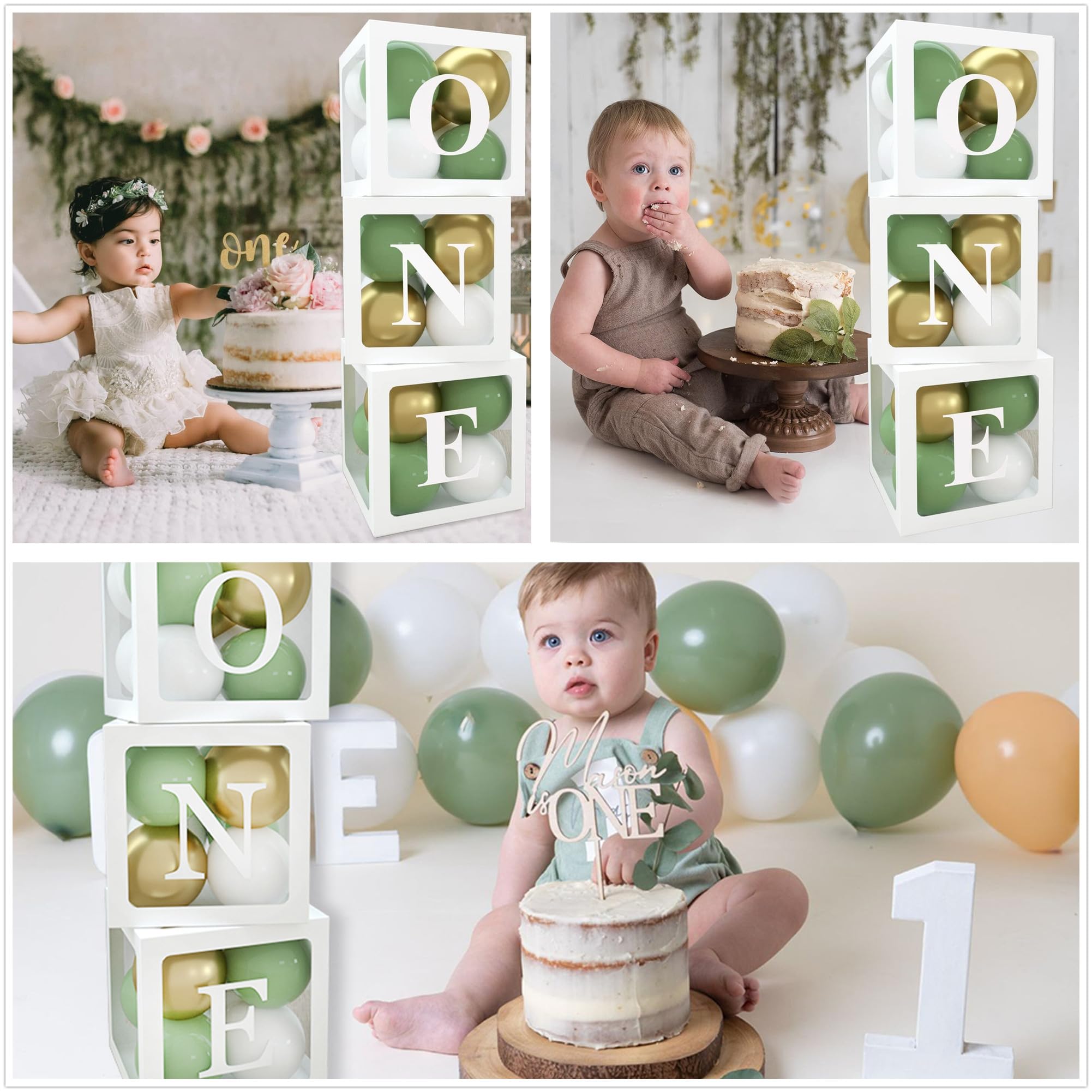 ONE Boxes for 1st Birthday Boy Decorations,30PCS Green Gold White Balloons and ONE Letters for First Birthday Decorations One Blocks for Boy Girl Baby Shower,Photo Shoot Prop,Table Centerpiece