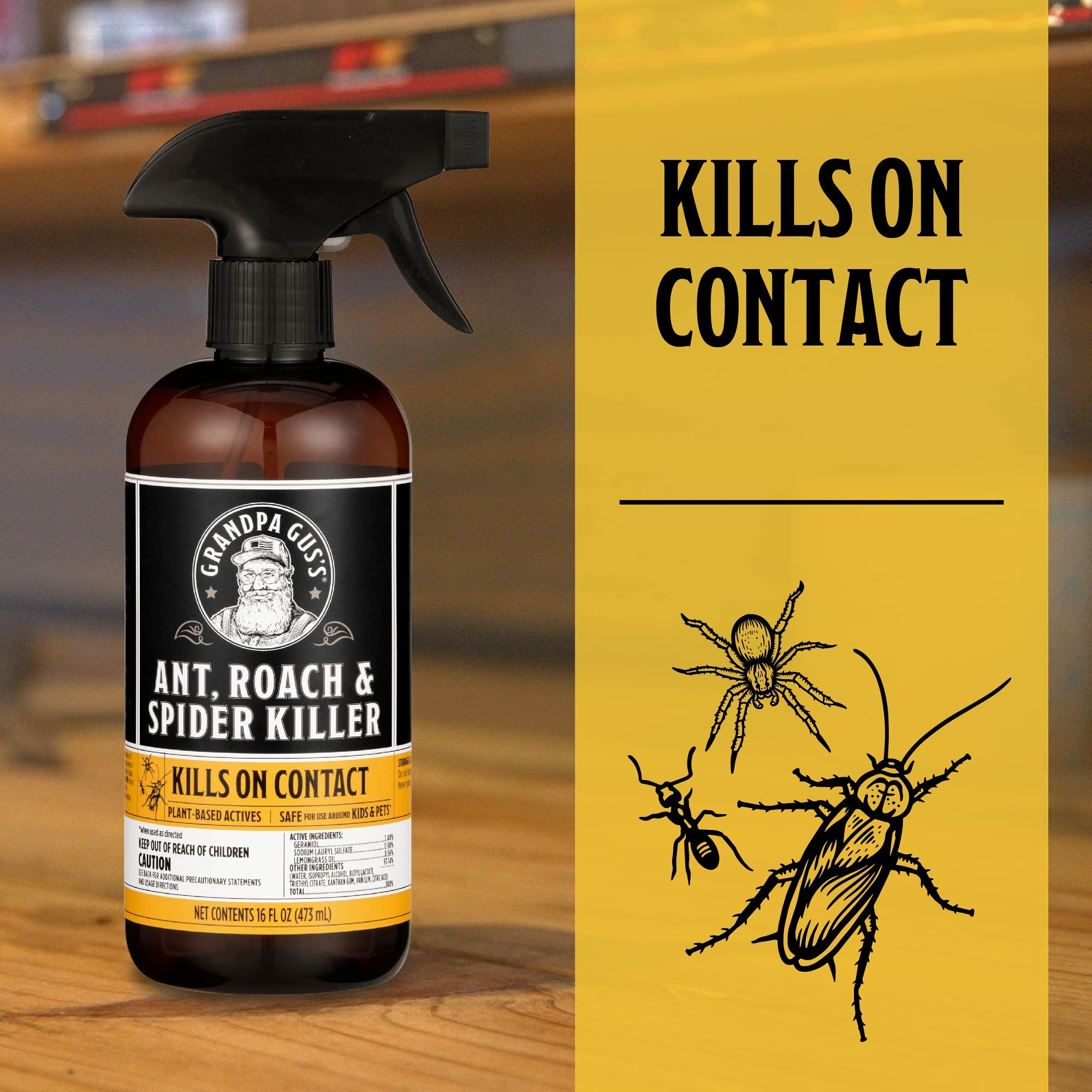 Grandpa Gus's Natural Ant, Roach & Spider Killer Spray, Plant-Based Actives Kill Insects & Bugs On Contact, Non-Greasy, Not Flammable, No Stains, Fresh Scent, 16 oz