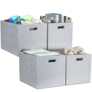 posprica 13x15x13in collapsible storage bins, fabric foldable cube storage boxes, decorative storage baskets organizer for ikea kallax, shelves, closet, clothes, toy, set of 4-grey