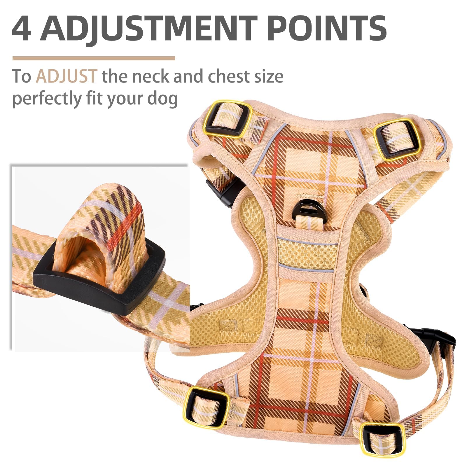 PUPTECK No Pull Dog Harness and Leash Set with Handle Reflective Adjustable Padded Vest Escape Proof for Small Medium Large Dogs Walking Training Hiking, Plaid Beige L