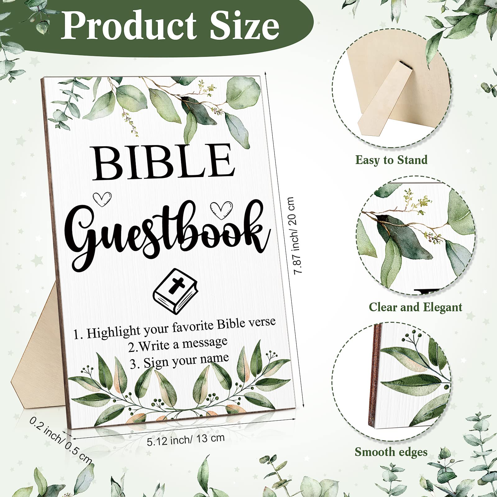 Geelin 19 Pcs Bible Wedding Guestbook Sign and Pens Set Greenery Wooden Standing Sign Bible Guest Book Sign 6 Highlighters for Bible Pages 12 Fine Point Pens for Baby Shower Bridal Shower Party