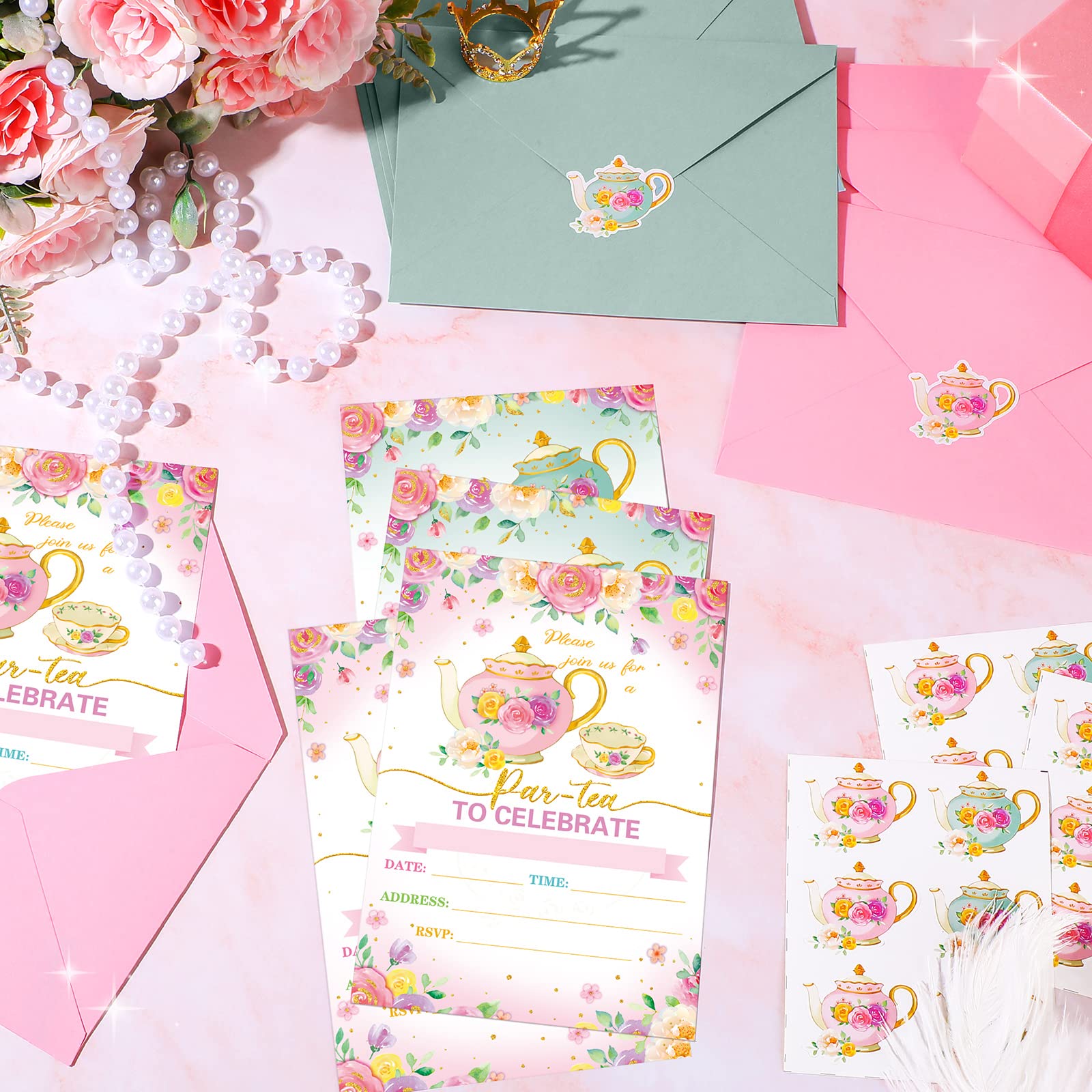 24 Pcs Tea Party Invitation Cards With Envelopes And Stickers, Little Girl Garden Tea Cup Time Bridal or Baby Shower Invite, High Tea Themed Ladies Event Ideas, Printed or Fill in The Blank Card