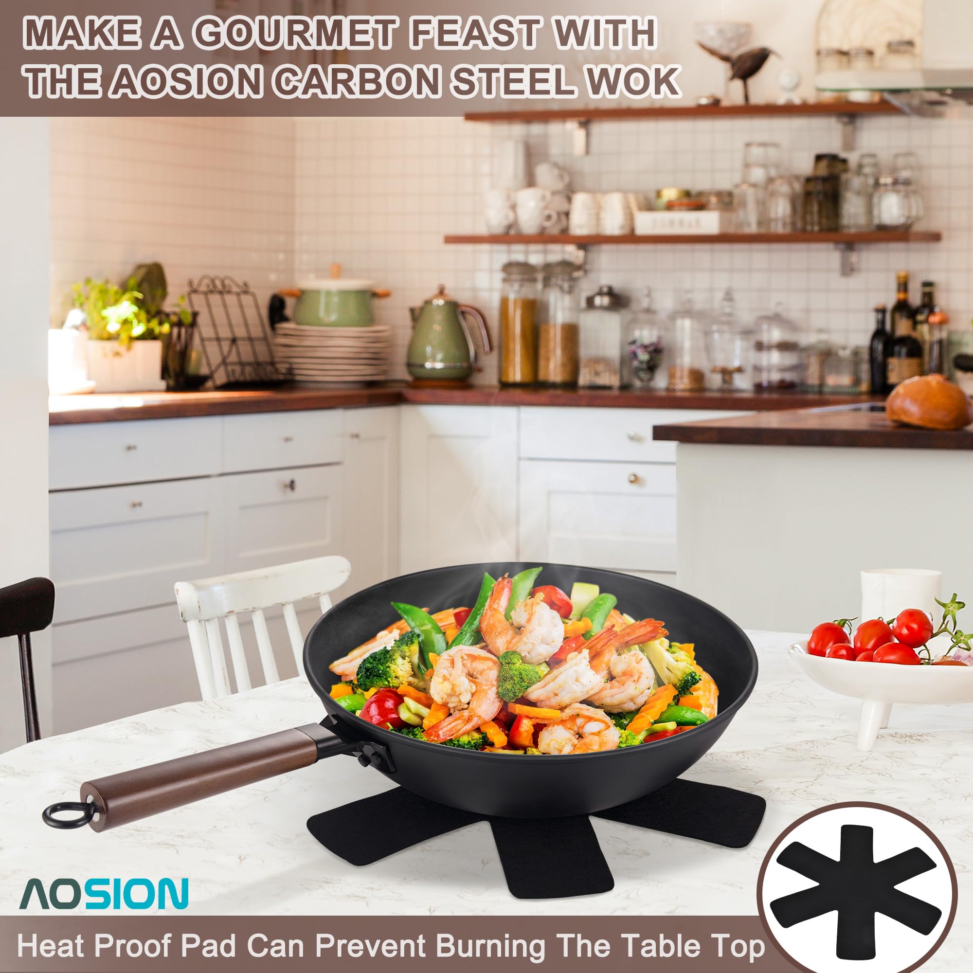 AOSION 13'' Carbon Steel Wok, 12 Piece Wok Pan & Stir-Fry Pans Set with Lid & Cookwares, No Chemical Coated Flat Bottom Chinese Wok Pan for Induction, Electric, Gas, Halogen, All Stoves